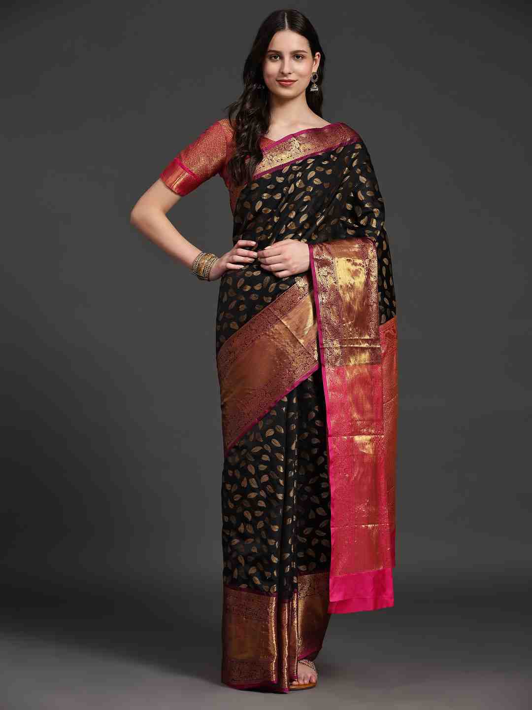 

JUST FASHION Ethnic Motifs Woven Design Zari Art Silk Banarasi Saree, Black