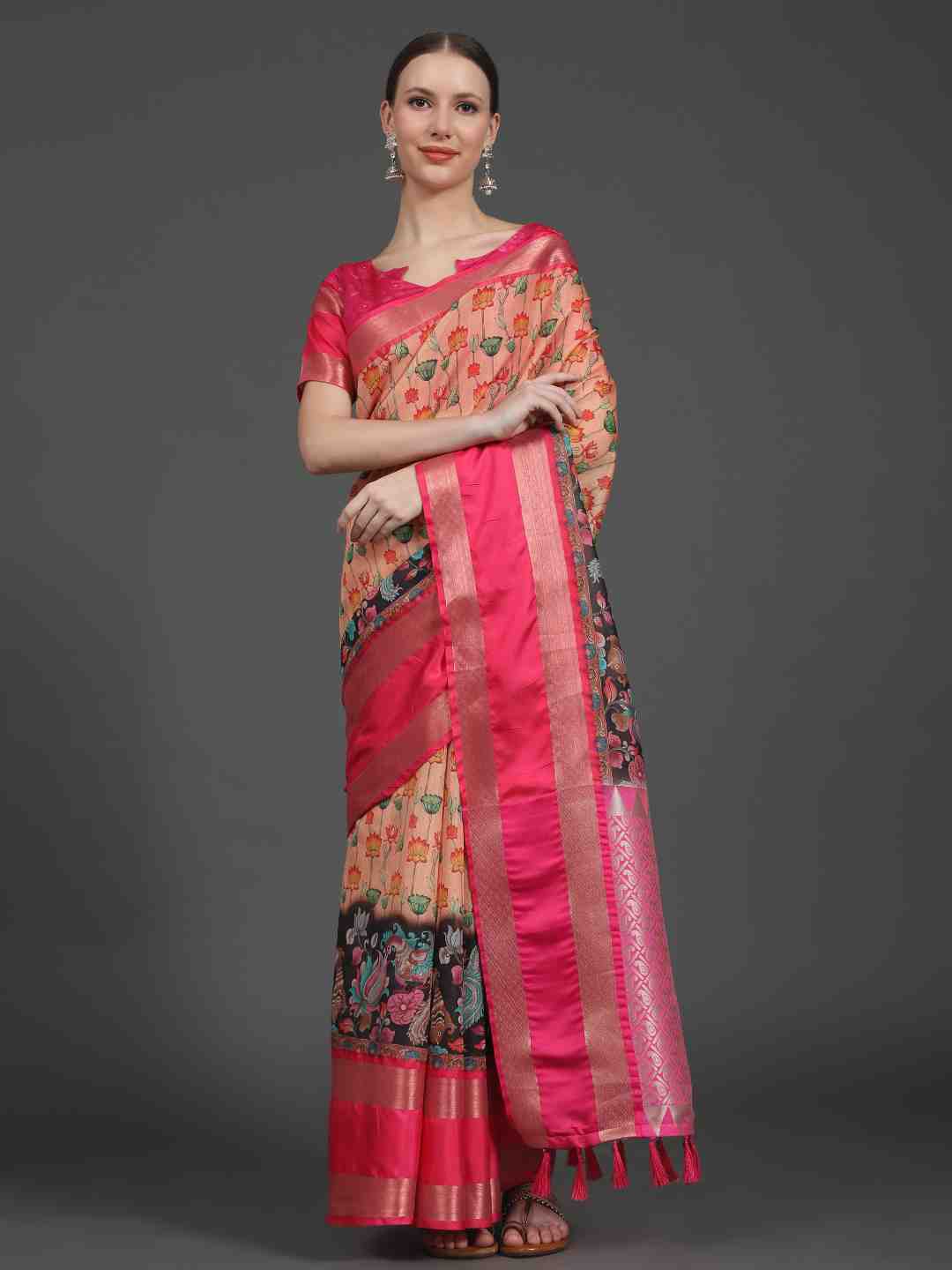 

JUST FASHION Ethnic Motifs Woven Design Zari Art Silk Kanjeevaram Saree, Pink