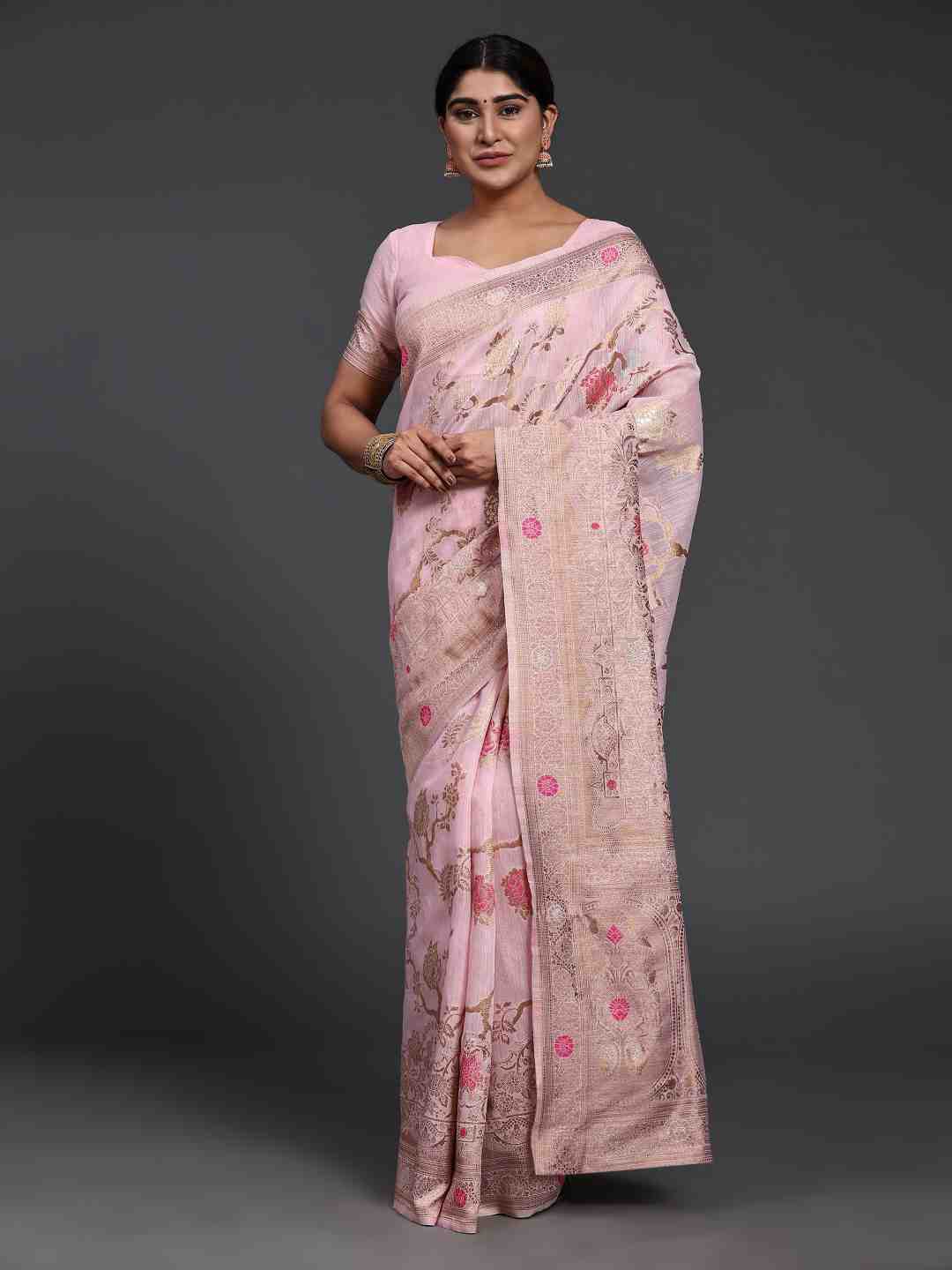 

JUST FASHION Floral Woven Design Zari Pure Linen Banarasi Saree, Pink