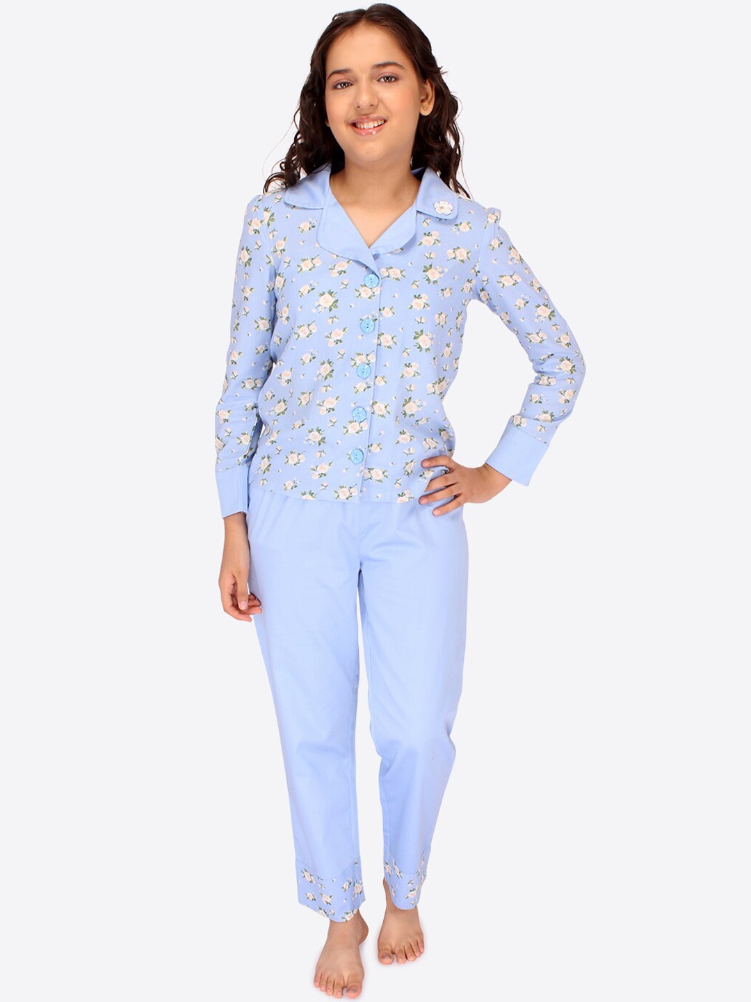 

CUTECUMBER Girls Floral Printed Night Suit, Blue