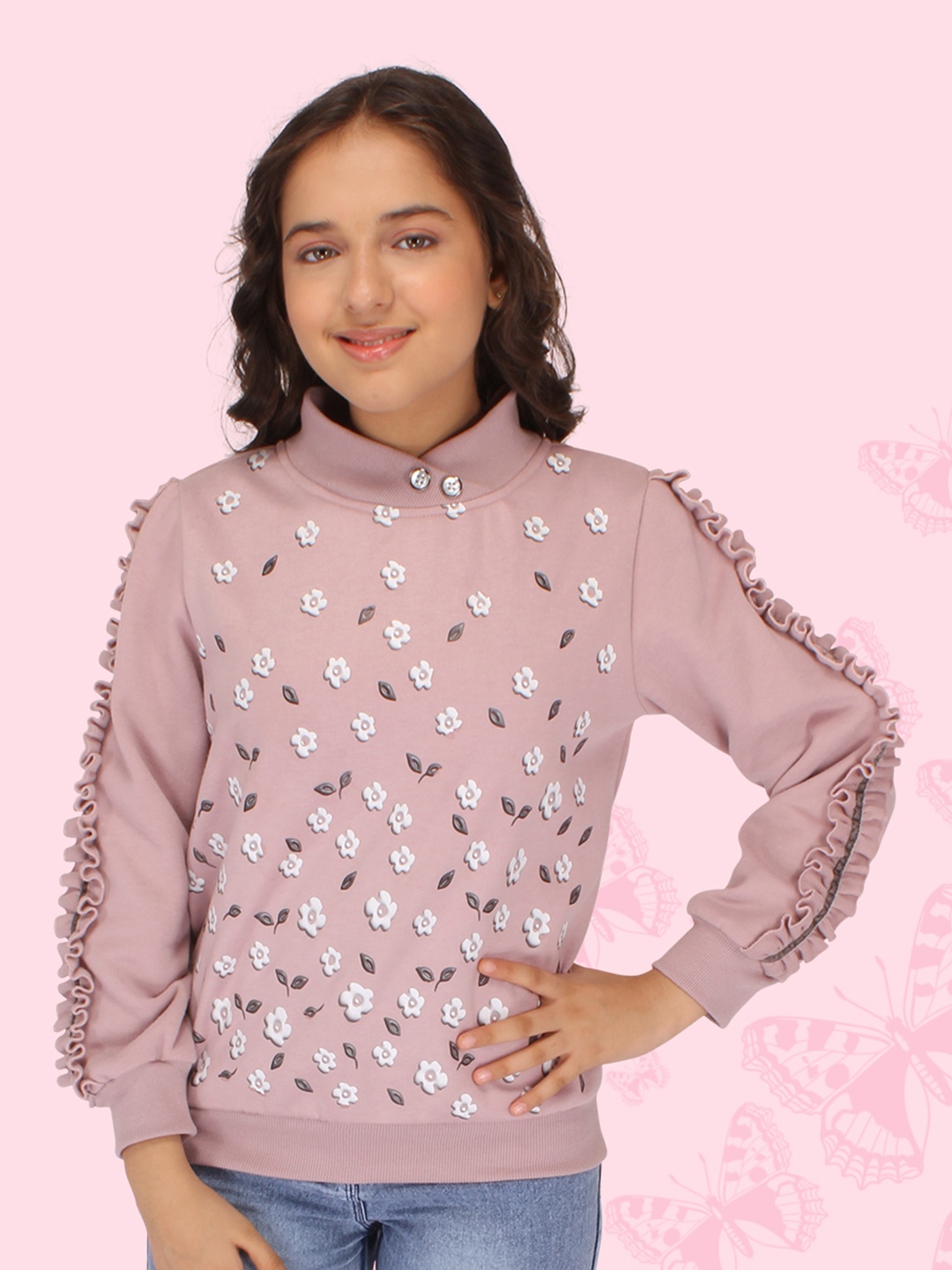 

CUTECUMBER Girls Floral Printed High Neck Ruffled Pullover Sweatshirt, Pink