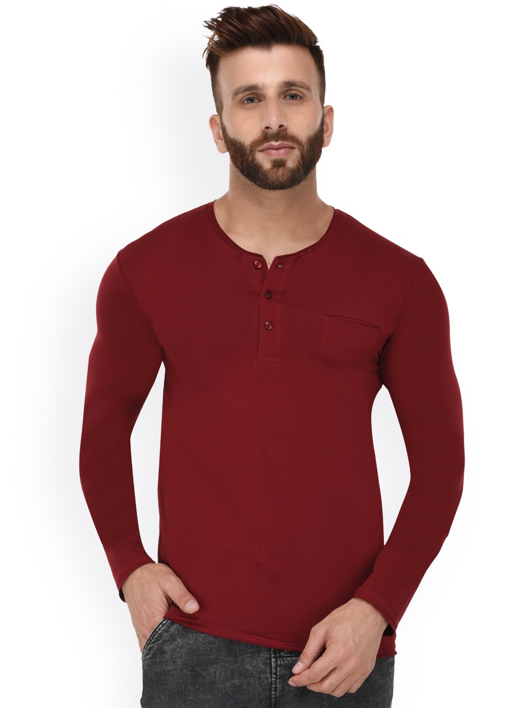 

Tinted Men Maroon Solid Henley Neck T-shirt