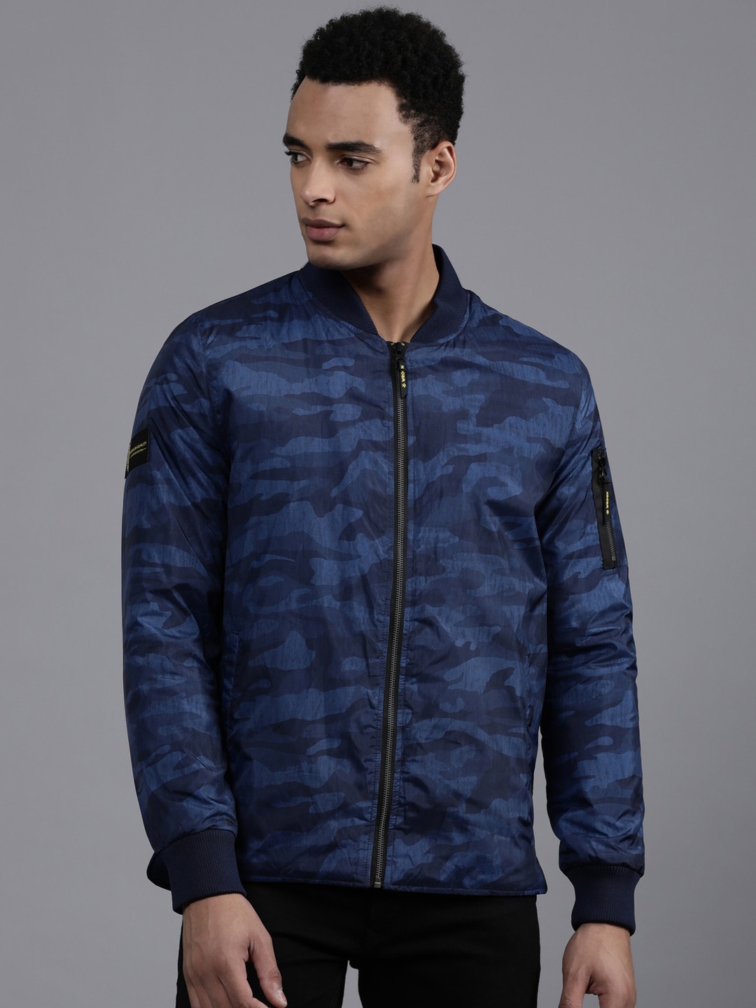 

WROGN Camouflage Printed Mock Collar Bomber Jacket, Blue