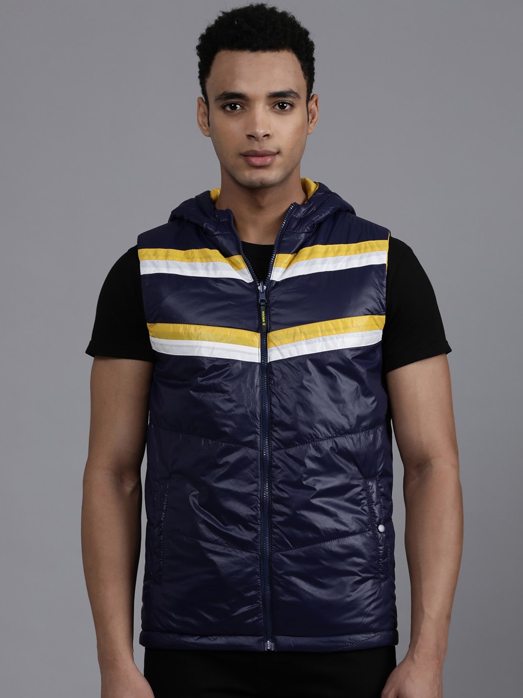 

WROGN Striped Hooded Collar Bomber Padded Jacket, Blue