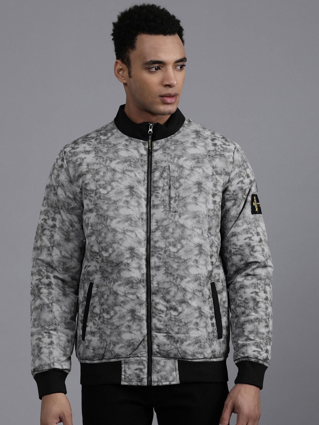 

WROGN Abstract Printed Mock Collar Long Sleeve Bomber Jacket, Black