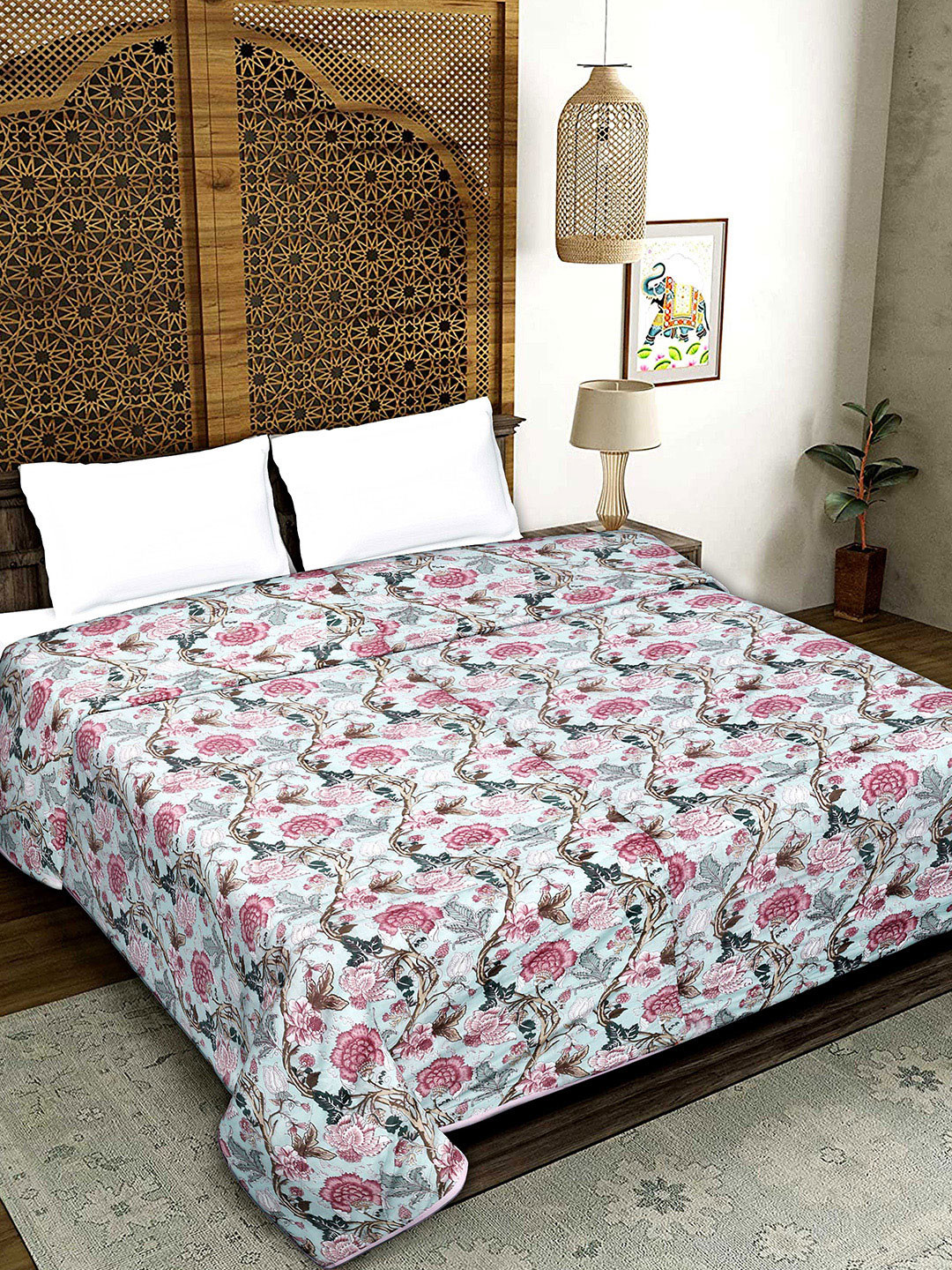 

Rajasthanikart Pink & Green Floral Printed 180 GSM Pure Cotton AC Room Double Bed Dohar