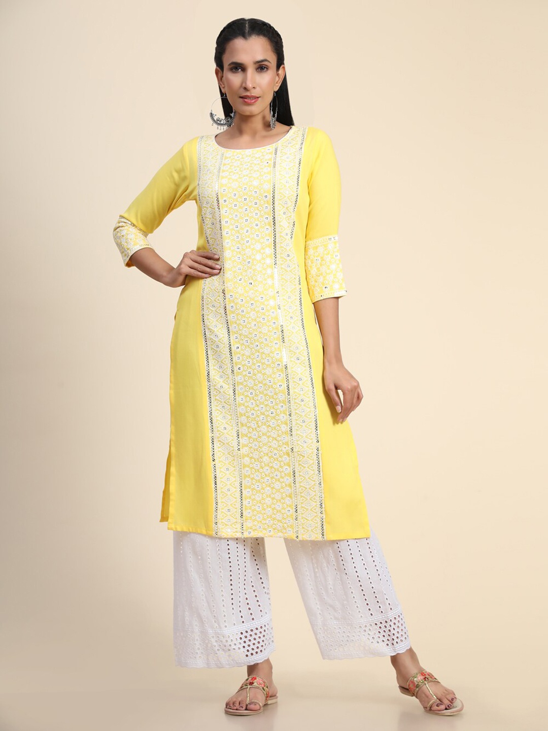

Growish Floral Embroidered Sequins Detail Straight Kurta, Yellow