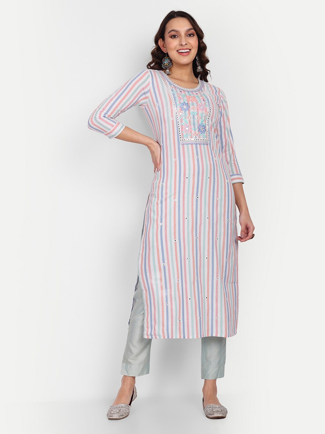 

Growish Striped Mirror Work Detail Cotton Straight Kurta, White