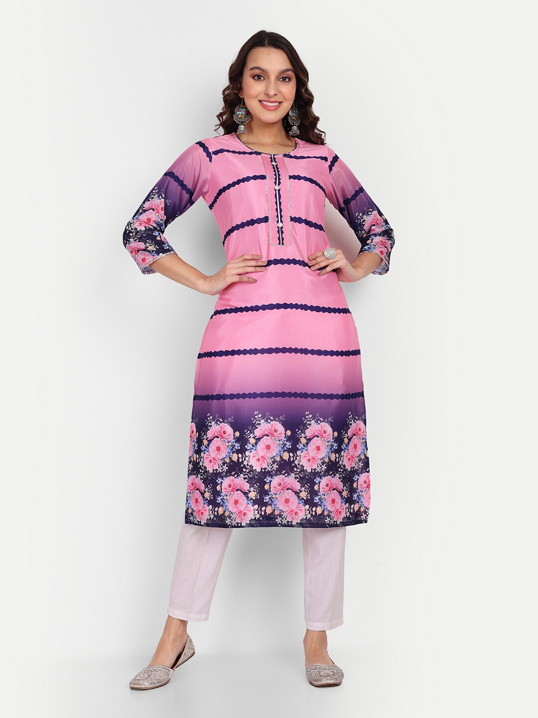 

Growish Floral Printed Cotton Silk Kurta, Pink