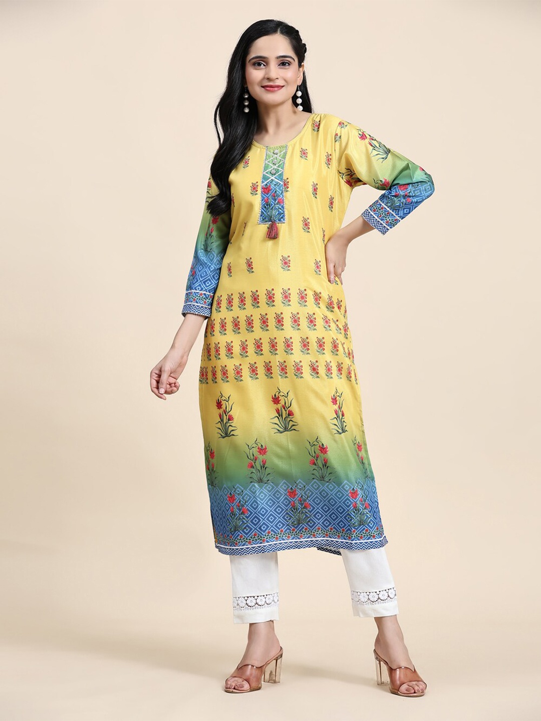 

Growish Ethnic Motif Printed Round Neck Cotton Silk Straight Kurta, Yellow