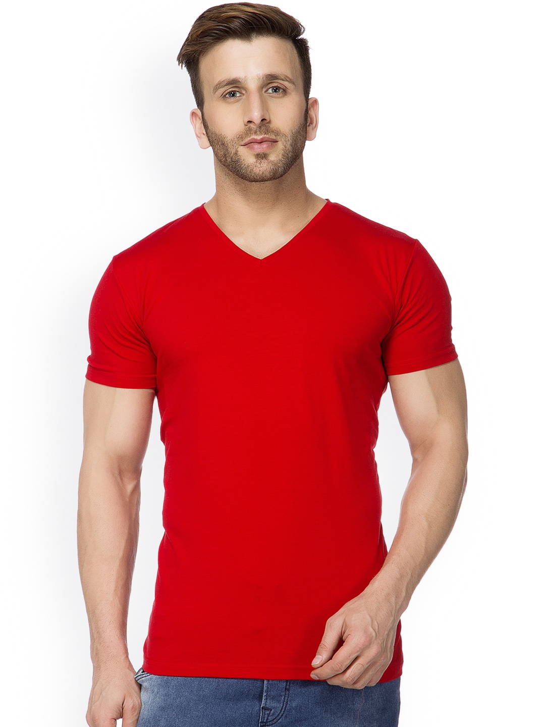 

Tinted Men Red Solid V-Neck Slim Fit T-shirt