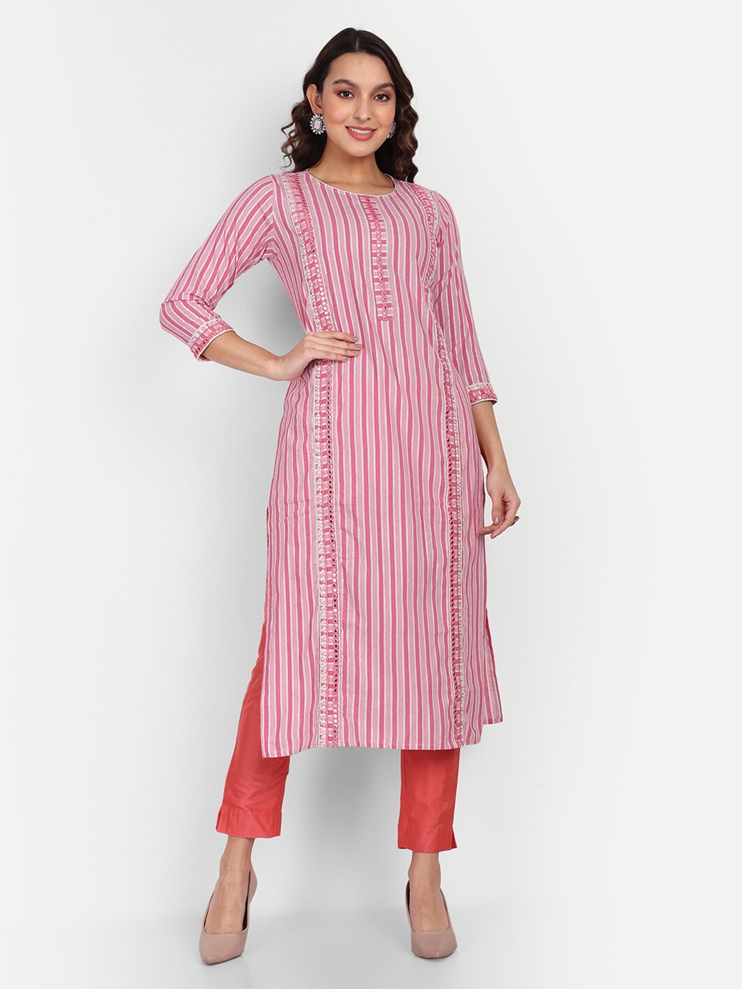 

Growish Striped Mirror Work Detail Cotton Straight Kurta, Pink