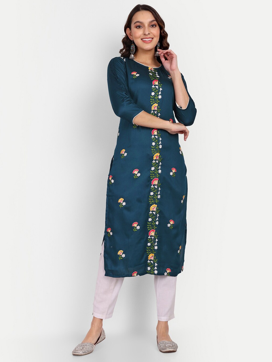 

Growish Floral Embroidered Straight Kurta, Green