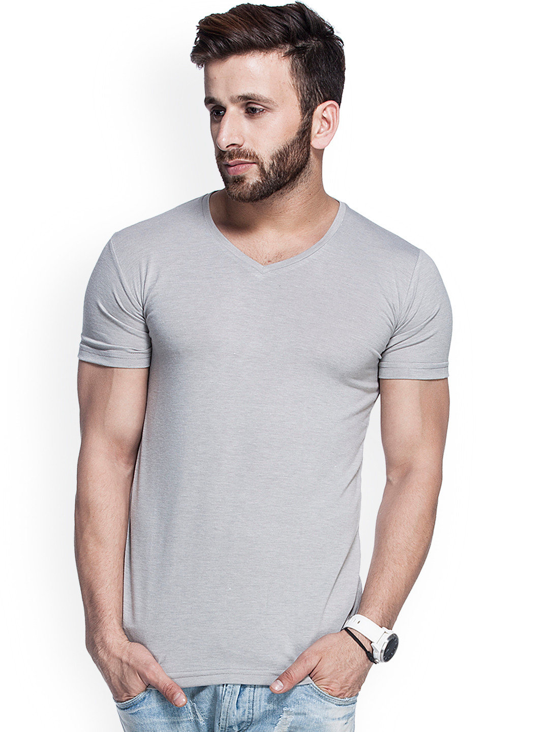 

Tinted Men Grey Solid V-Neck T-shirt