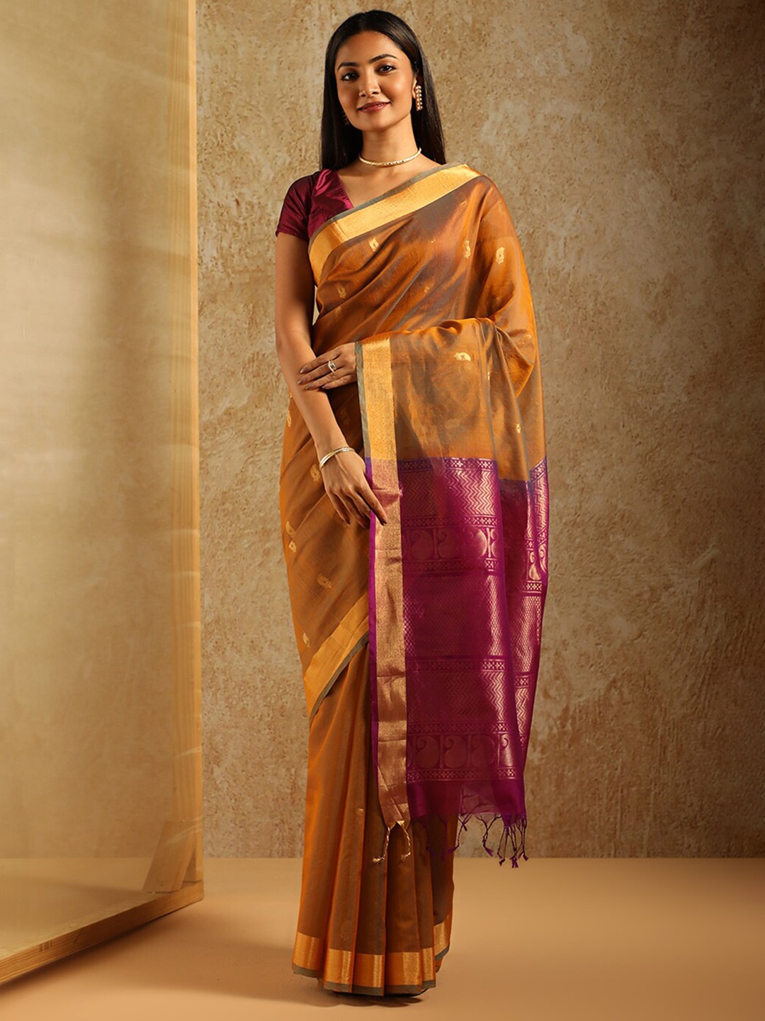 

Taneira Ethnic Motifs Woven Design Zari Pure Silk Saree, Orange