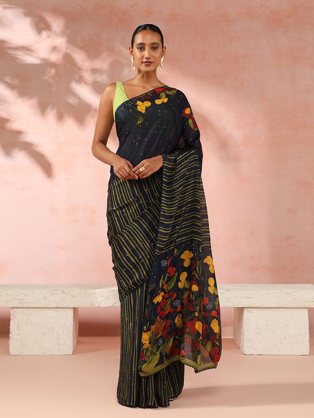 

Taneira Floral Printed Beads and Stones Pure Silk Saree, Navy blue