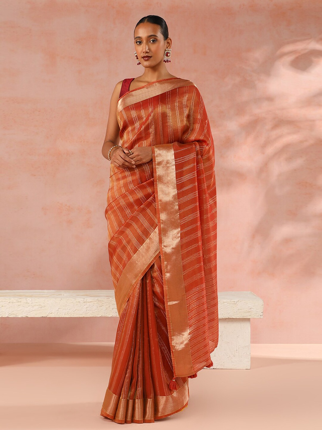 

Taneira Striped Woven Design Zari Tissue Saree, Orange