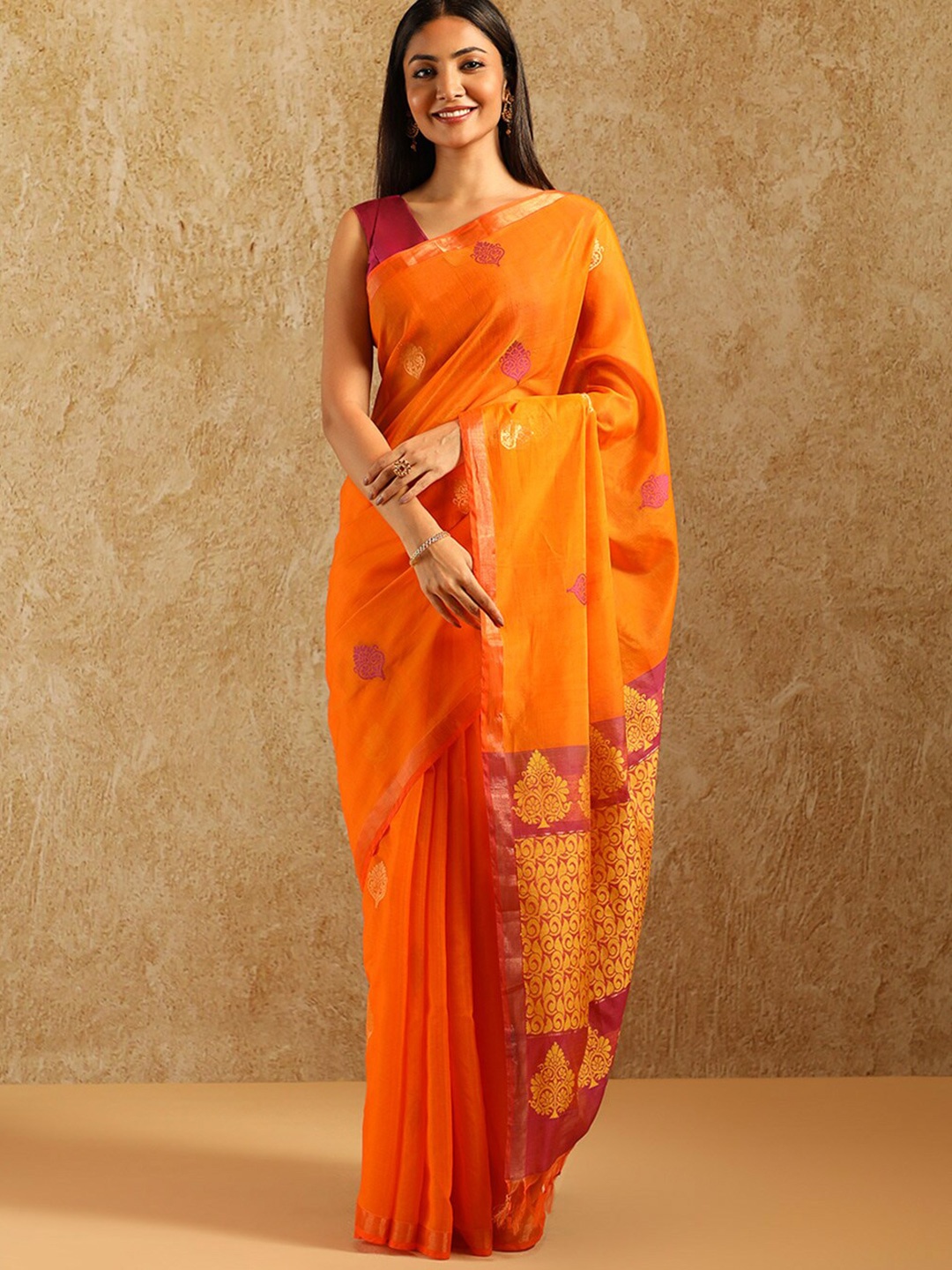 

Taneira Ethnic Motifs Woven Design Zari Silk Cotton Saree, Orange