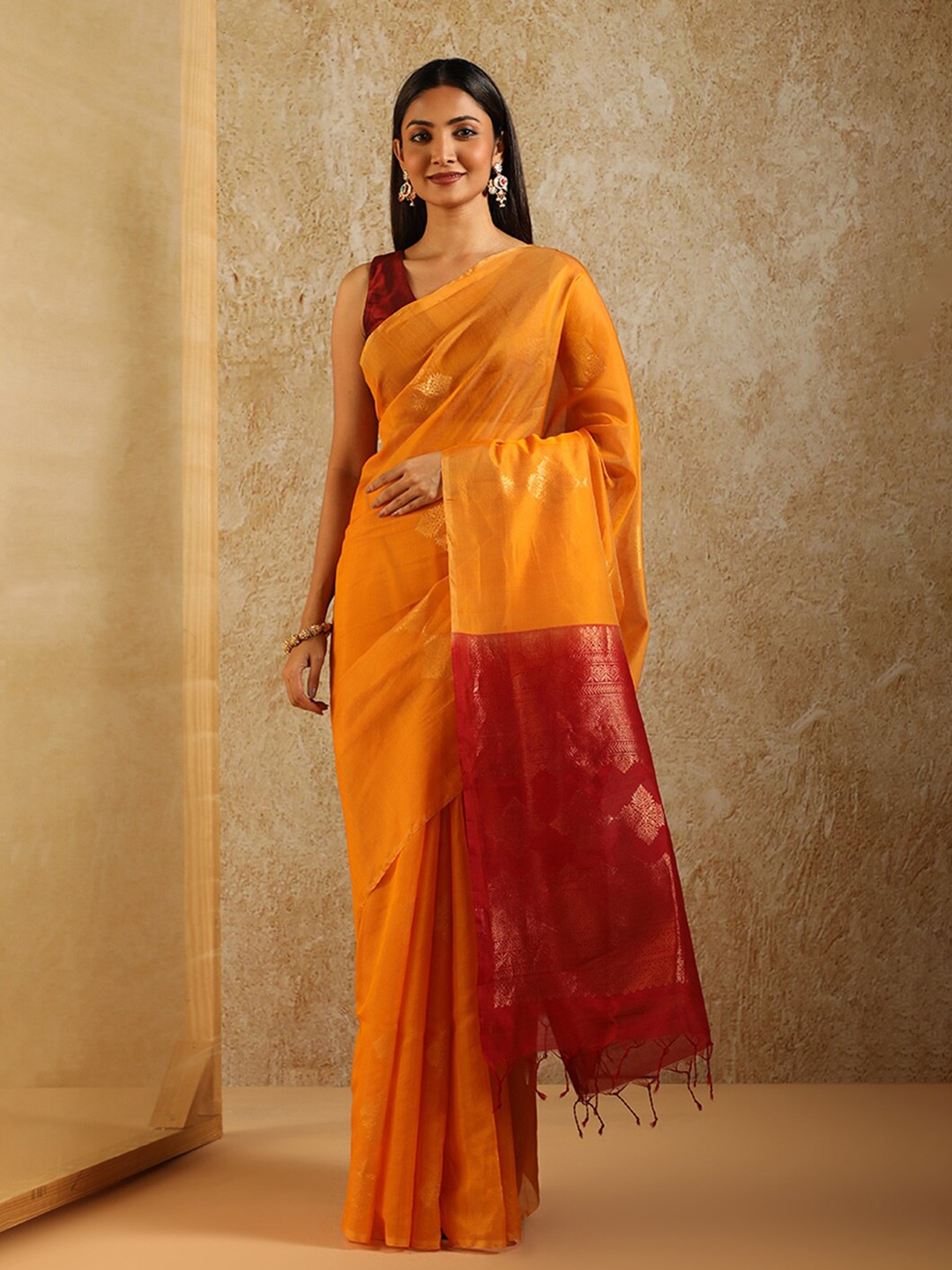 

Taneira Ethnic Motifs Woven Design Zari Silk Cotton Saree, Orange