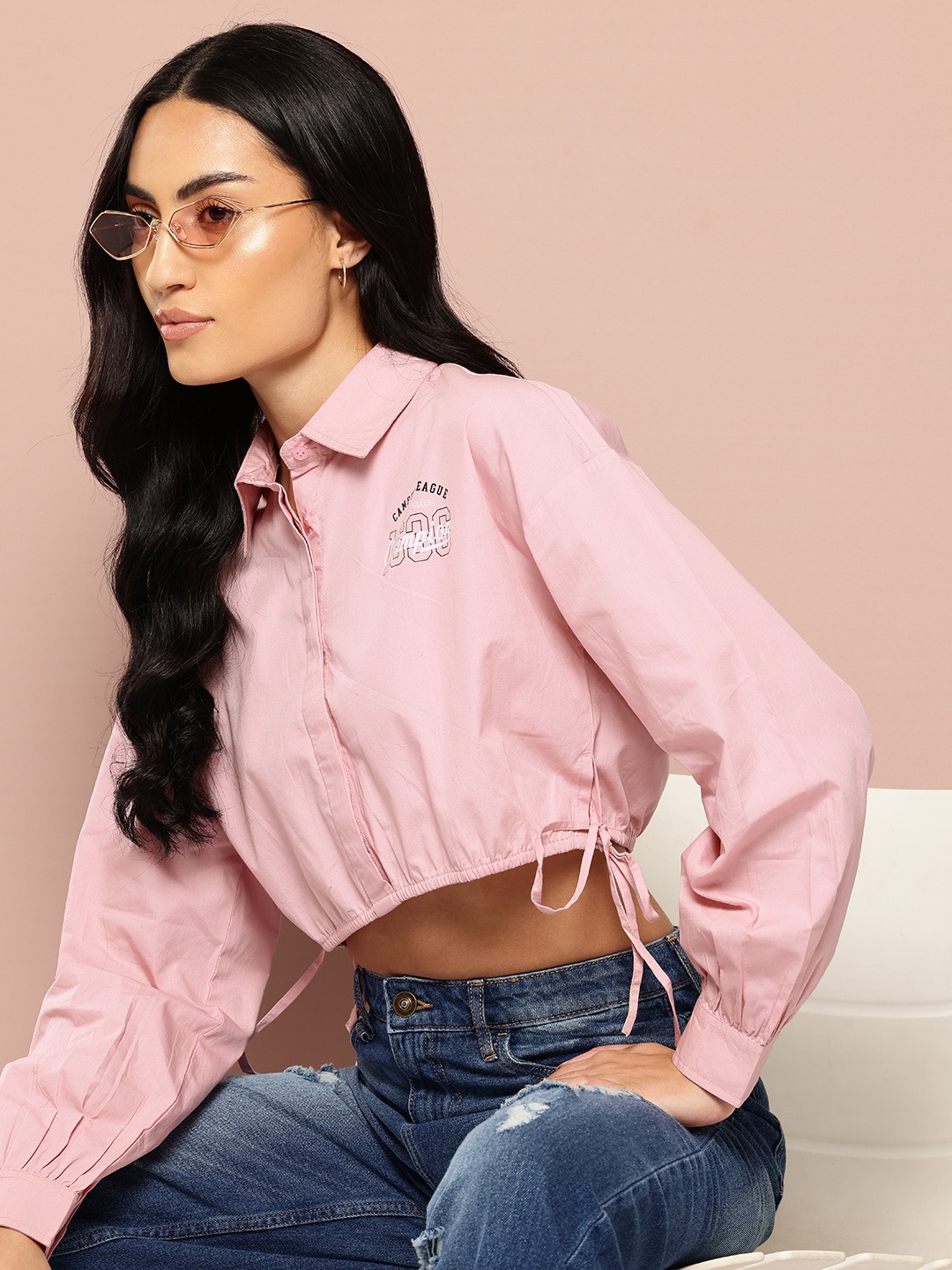 

Harvard Women Printed Pure Cotton Casual Crop Shirt, Pink