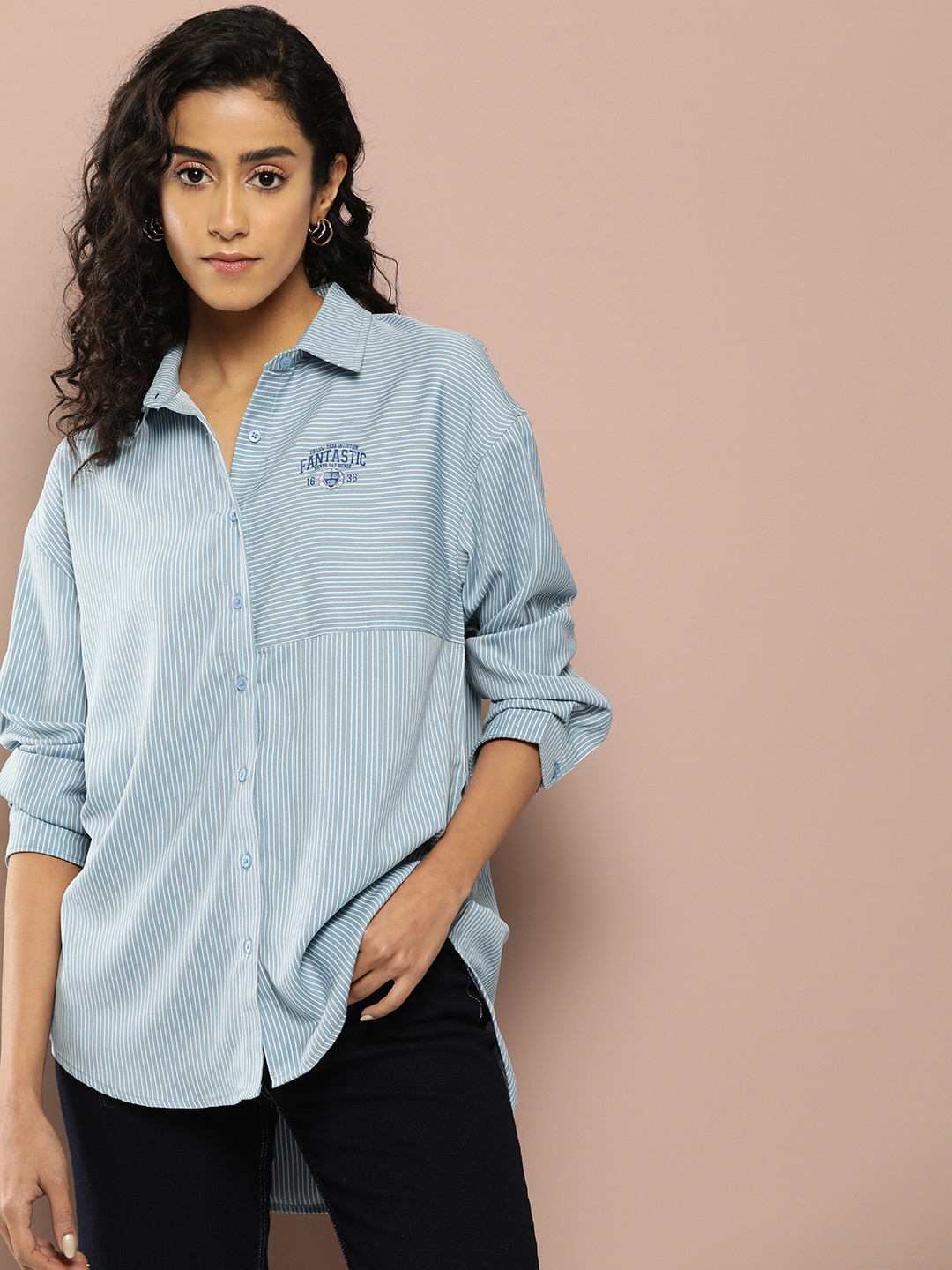 

Harvard Pinstriped Longline High-Low Shirt, Blue
