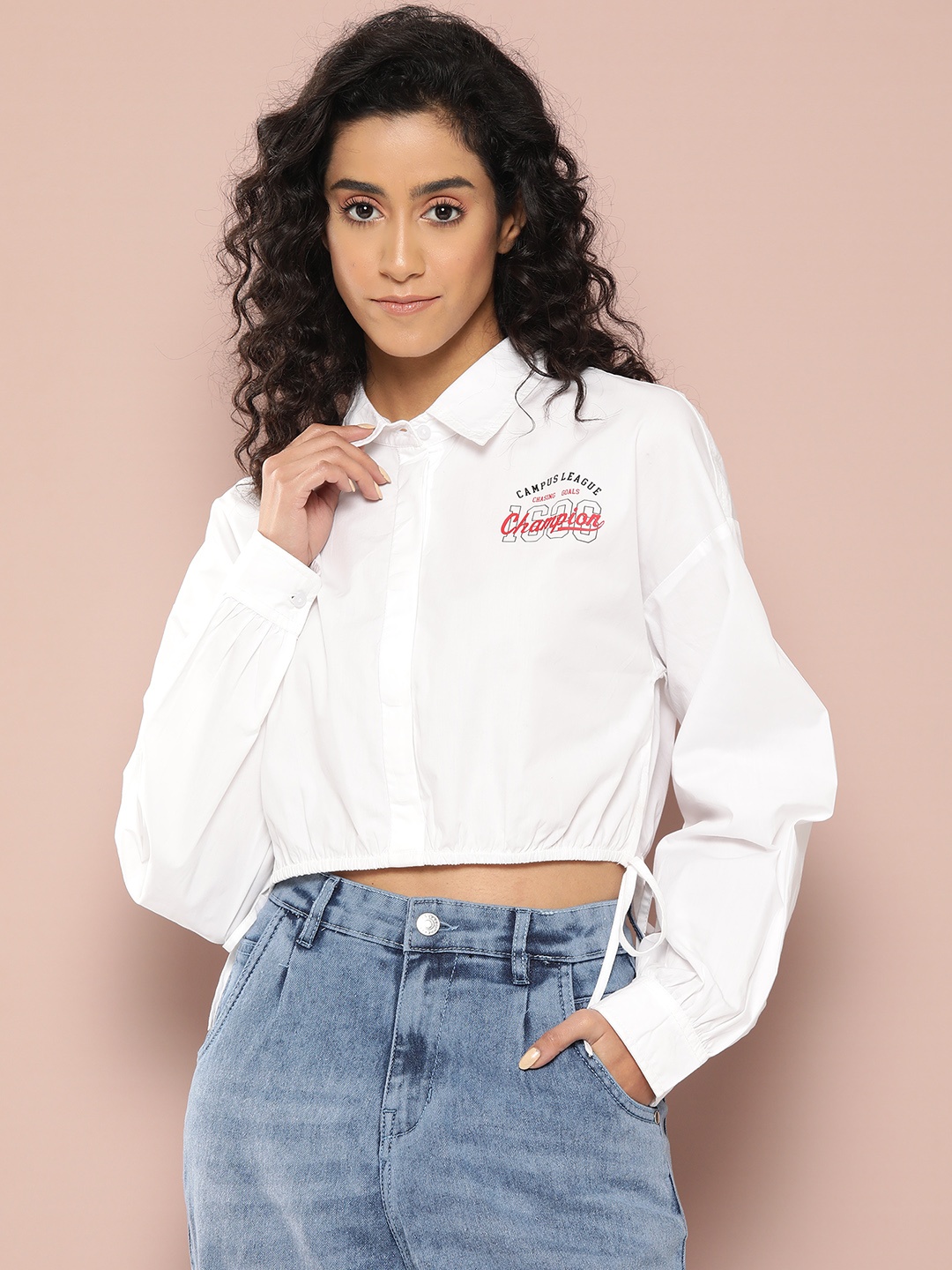 

Harvard Women Printed Pure Cotton Casual Crop Shirt, White