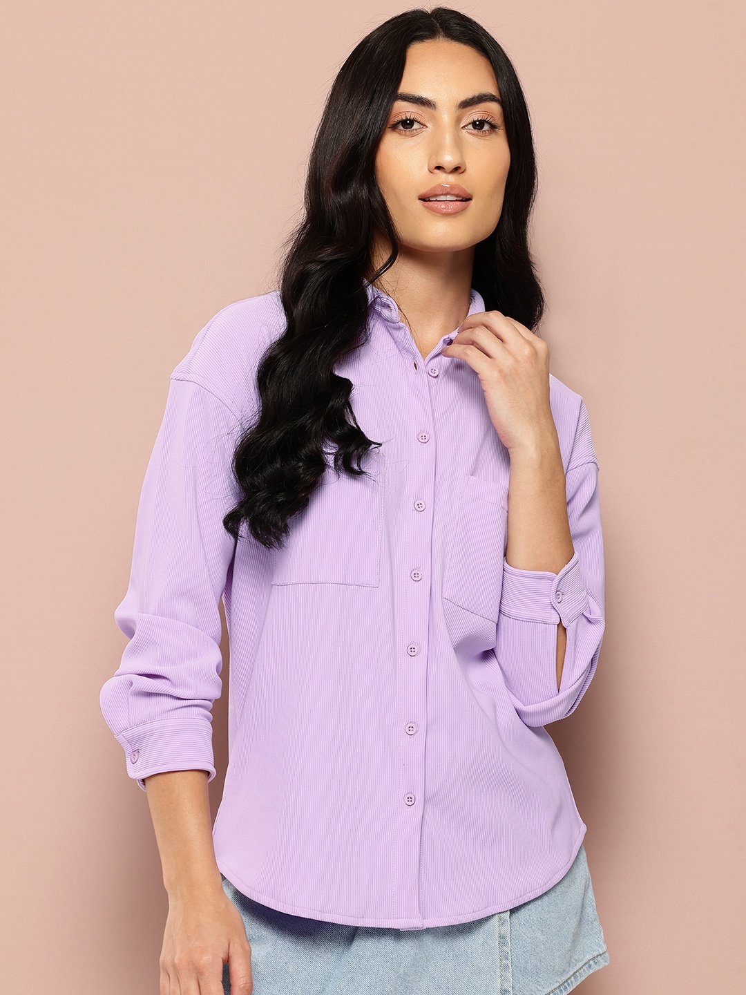 

Harvard Self Striped Drop Shoulder Sleeves Casual Longline Shirt, Lavender