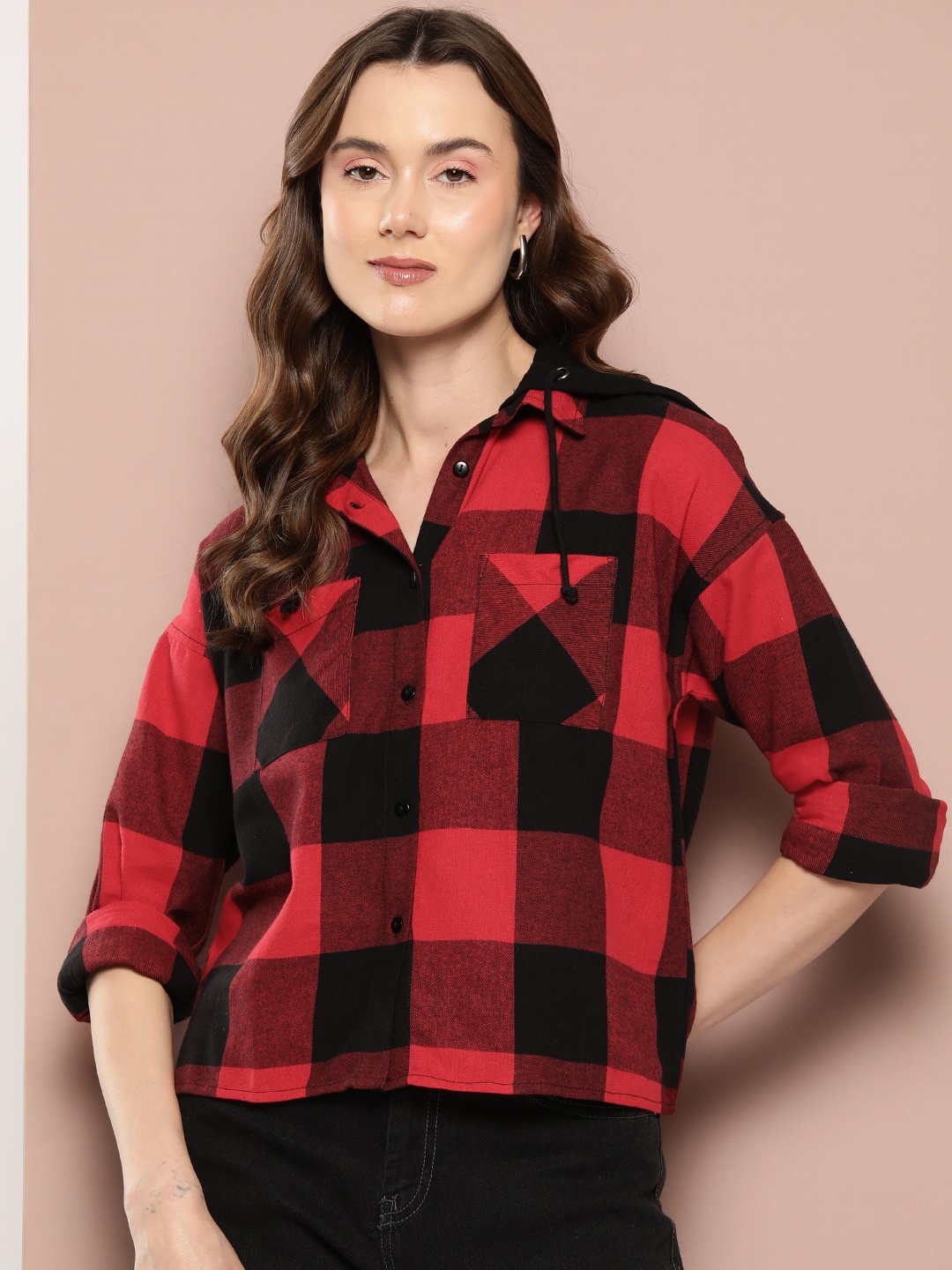 

Harvard Checked Pure Cotton Hooded Shirt, Red