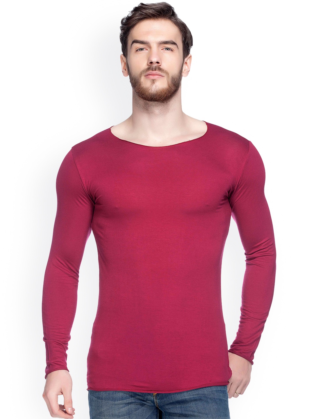 

Tinted Men Maroon Solid Round Neck T-shirt