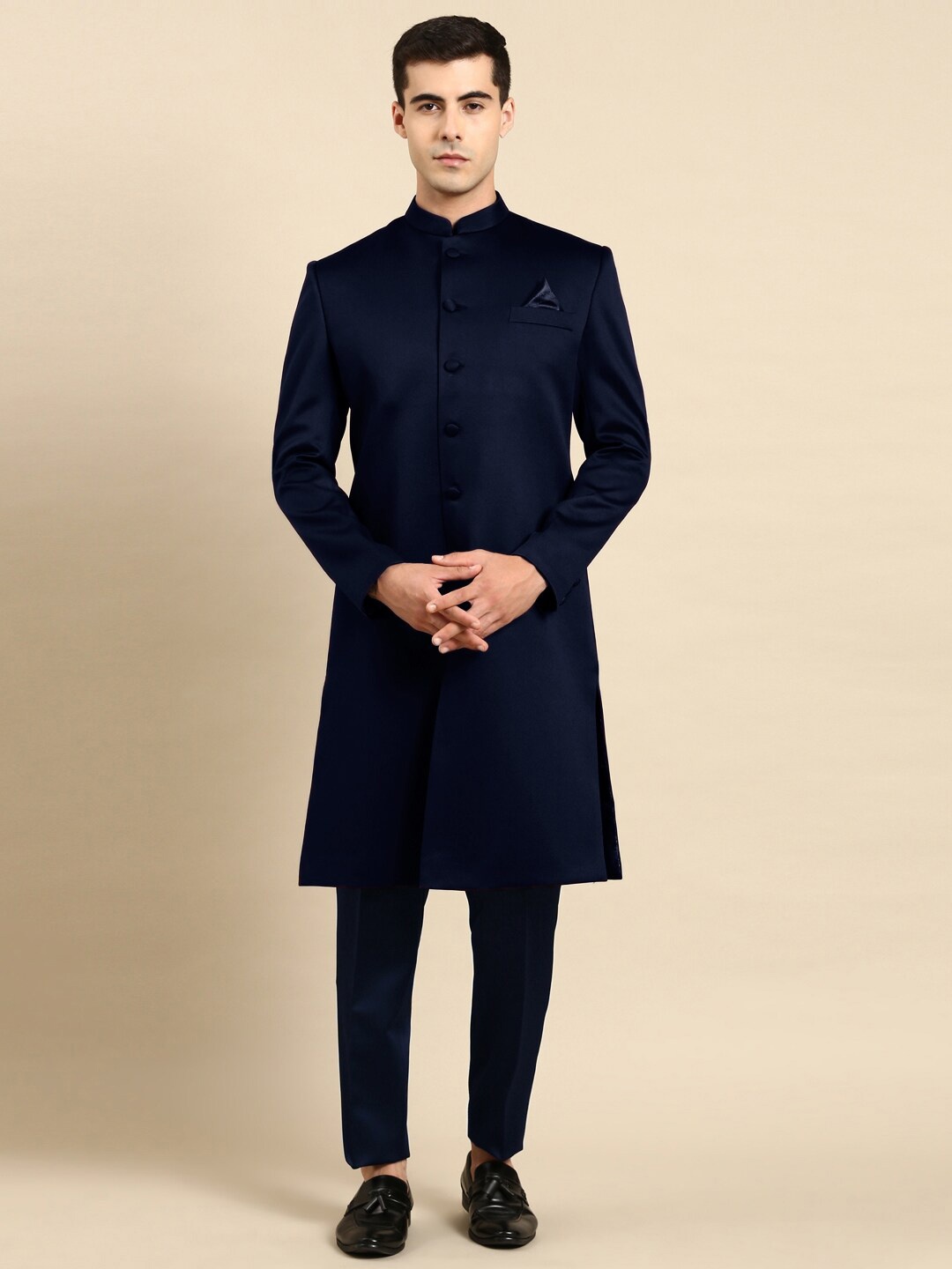 

TheEthnic.Co Mandarin Collar Sherwani Set, Navy blue