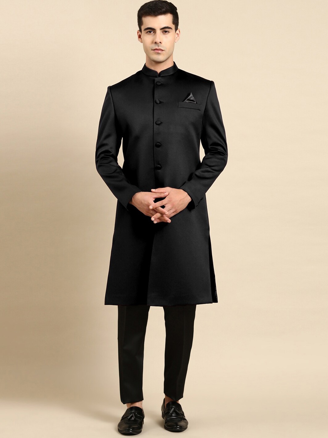 

TheEthnic.Co Mandarin Collar Woven Design Sherwani Set, Black