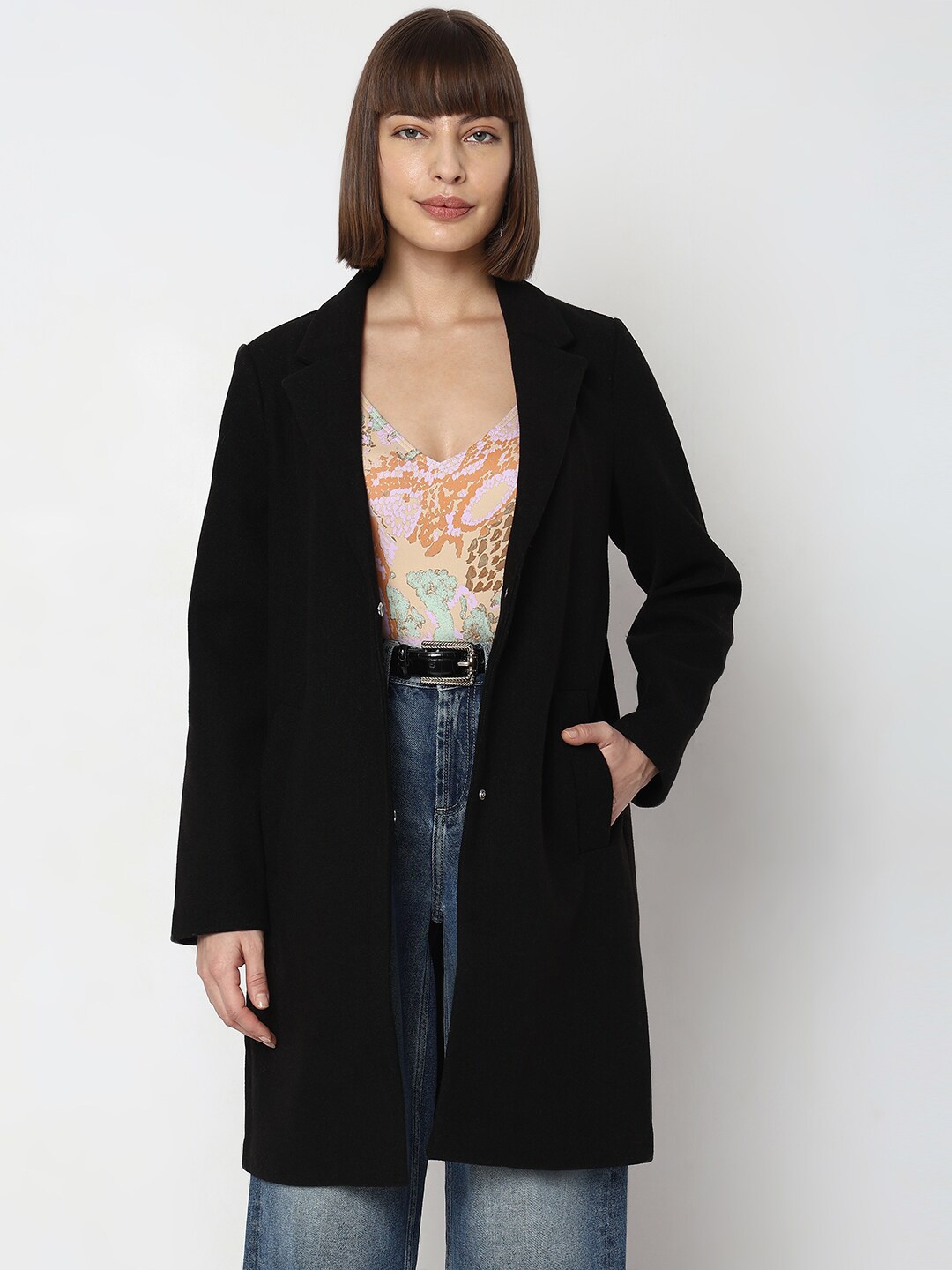 

Vero Moda Notched Lapel Longline Overcoat, Black