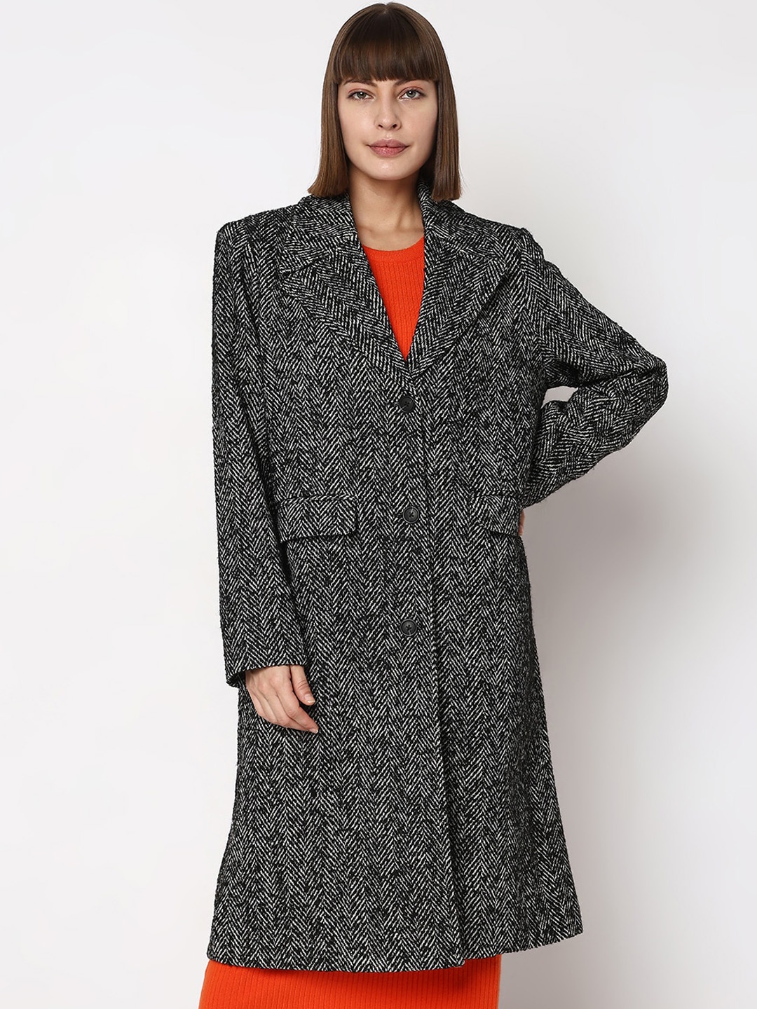 

Vero Moda Self Design Notched Lapel Longline Overcoat, Black