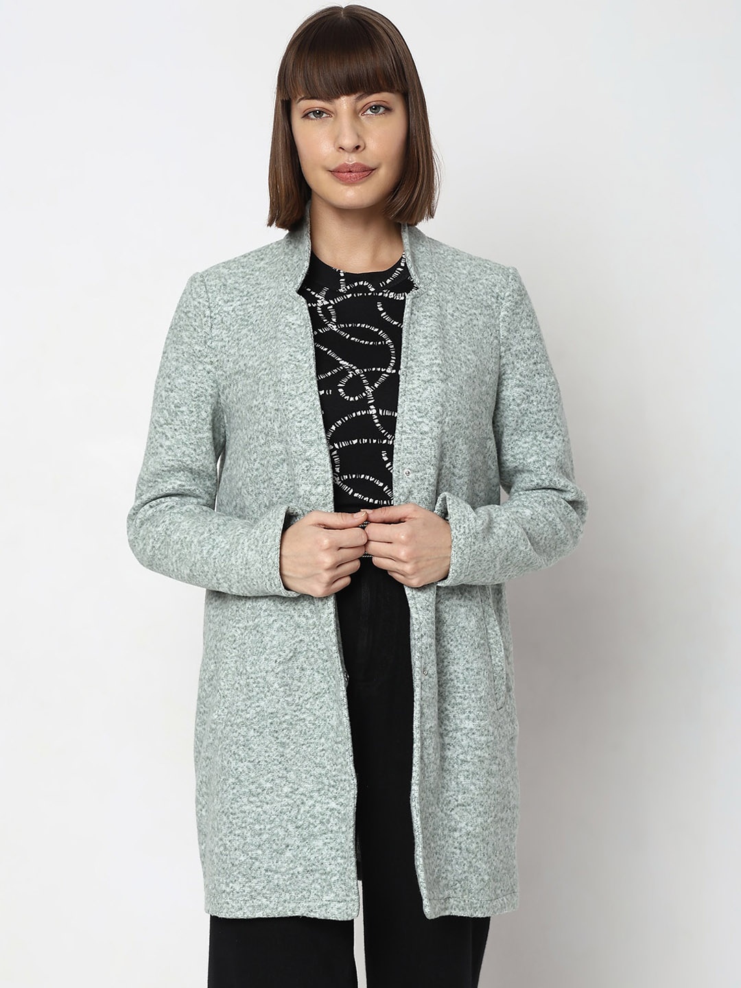 

Vero Moda Self Design Mock Collar Longline Overcoat, Green