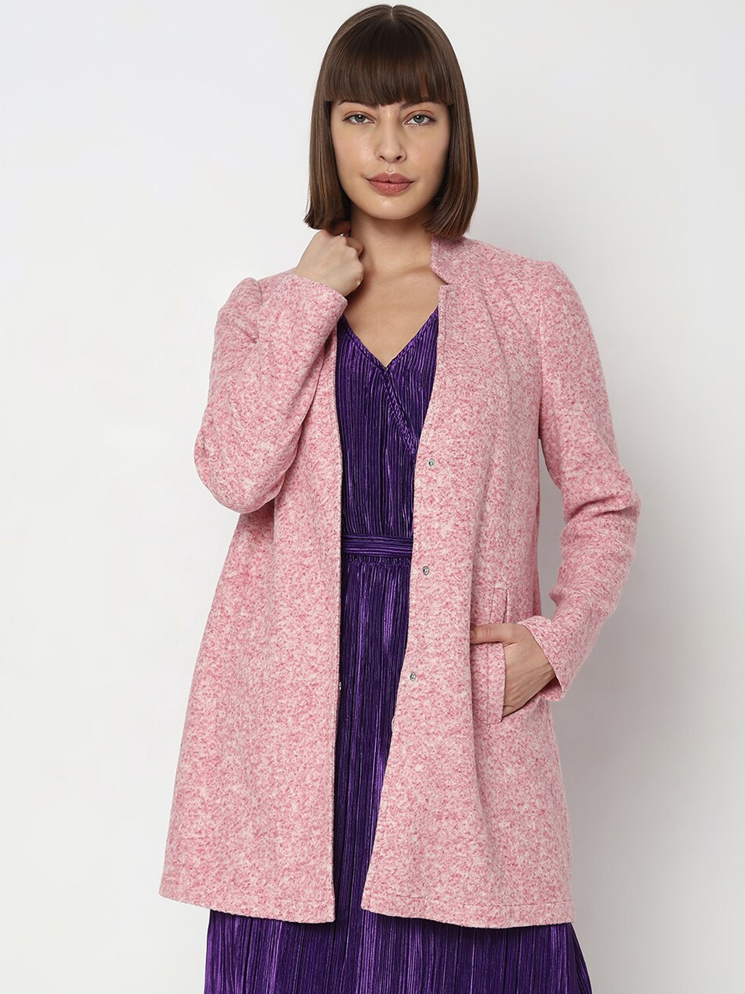 

Vero Moda Self Design Mock Collar Longline Overcoat, Pink