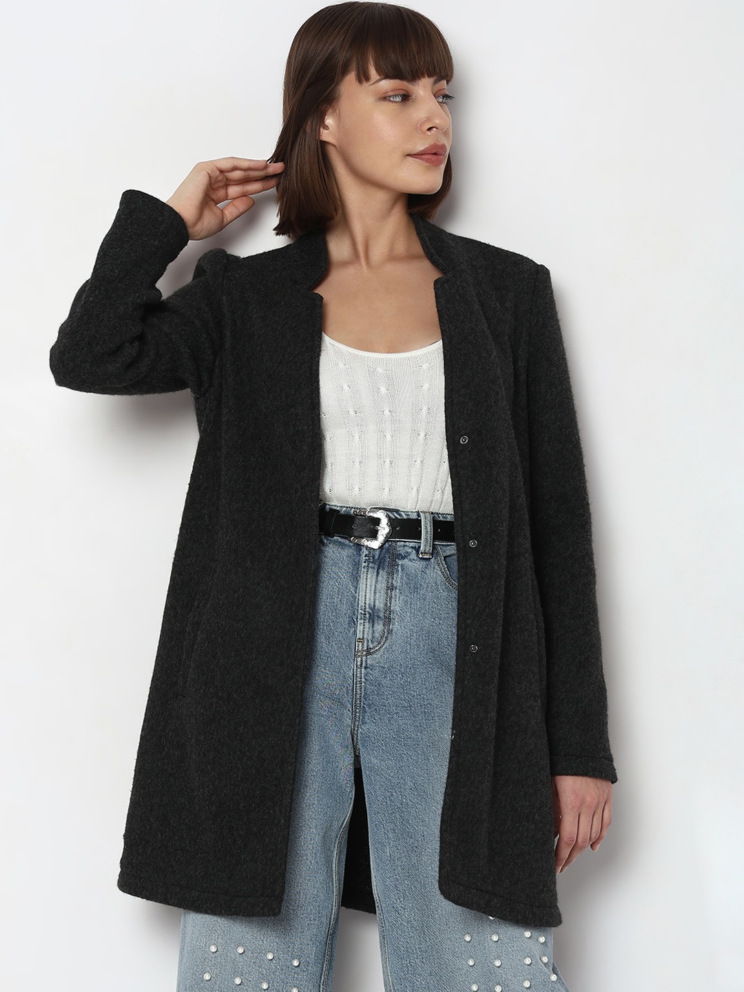 

Vero Moda Notched Lapel Overcoat, Grey