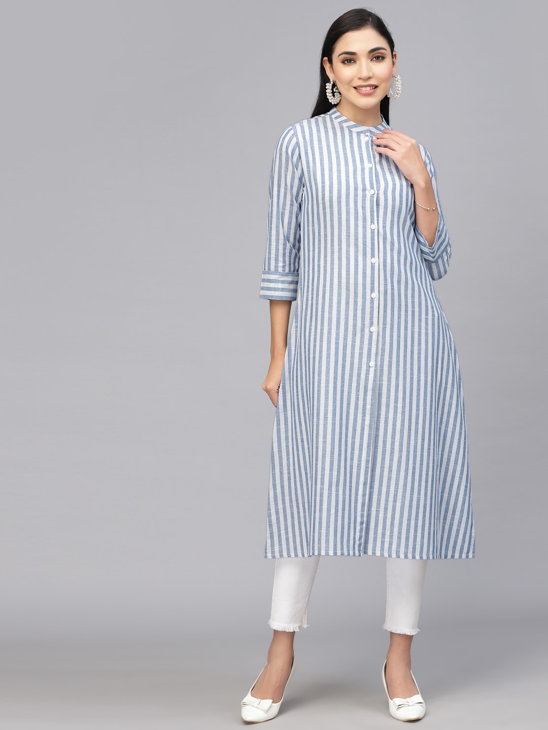 

LARGISH Striped Mandarin Collar Pure Cotton Straight Kurta, Off white