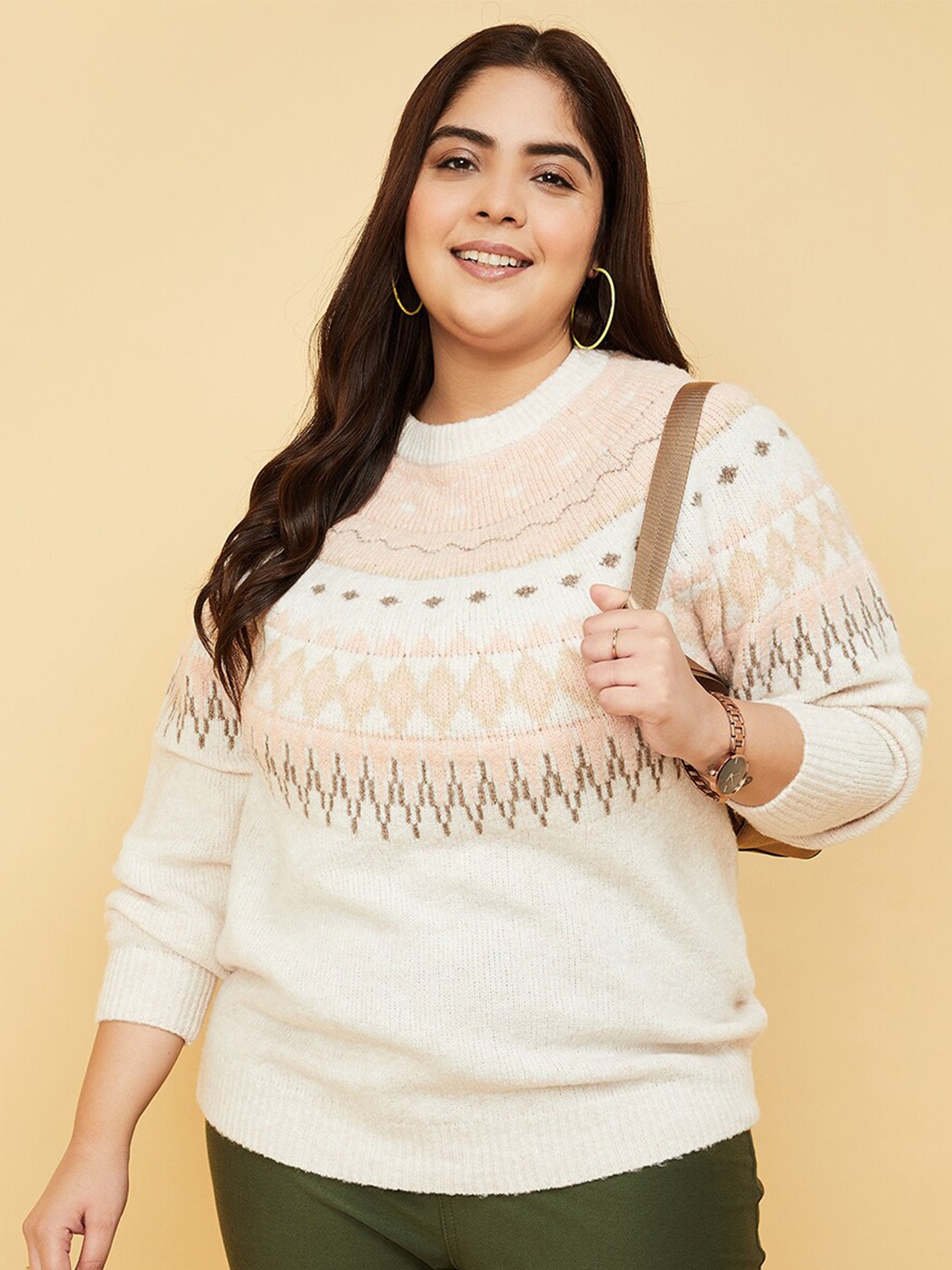 

max Plus Size Geometric Self Design Pullover Sweaters, Beige