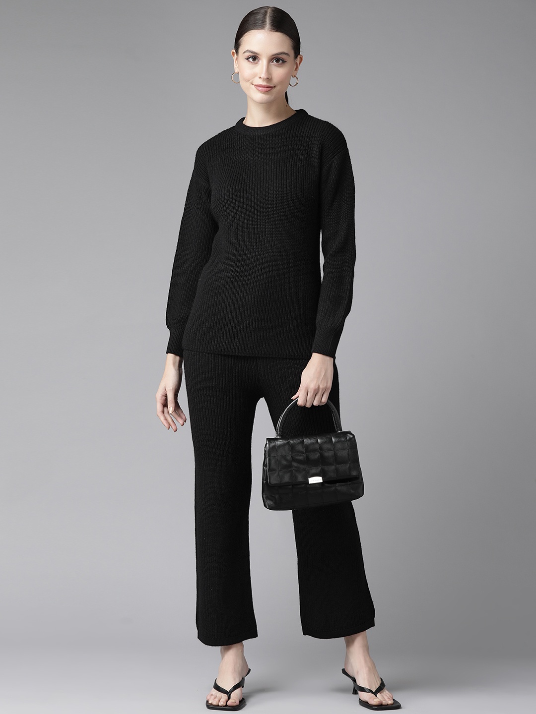 

Cayman Women Solid Knitted Ribbed Acrylic Sweater with Trousers, Black