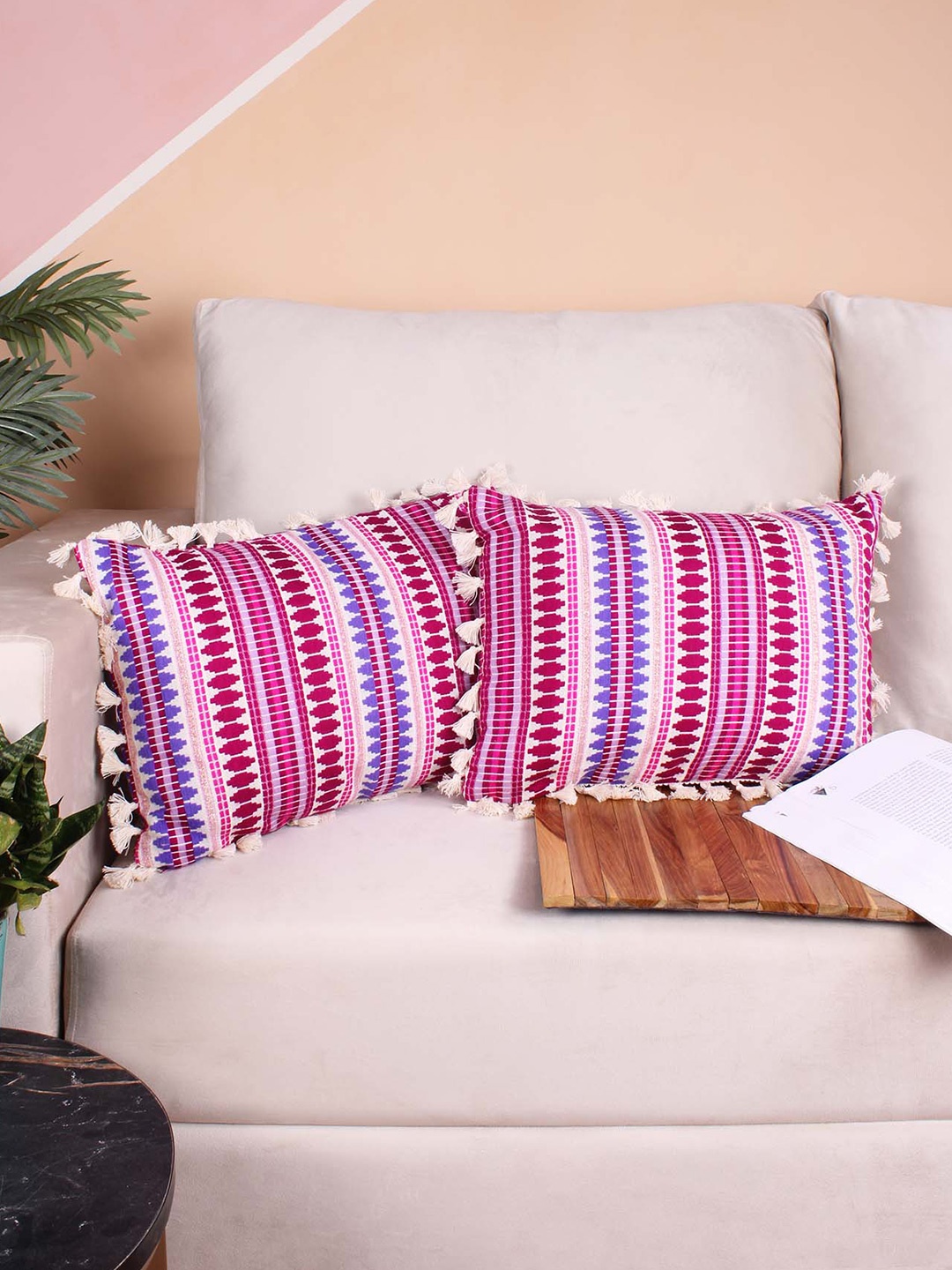 

STITCHNEST Purple & Pink 2 Pieces Ethnic Motifs Woollen Rectangle Cushion Cover