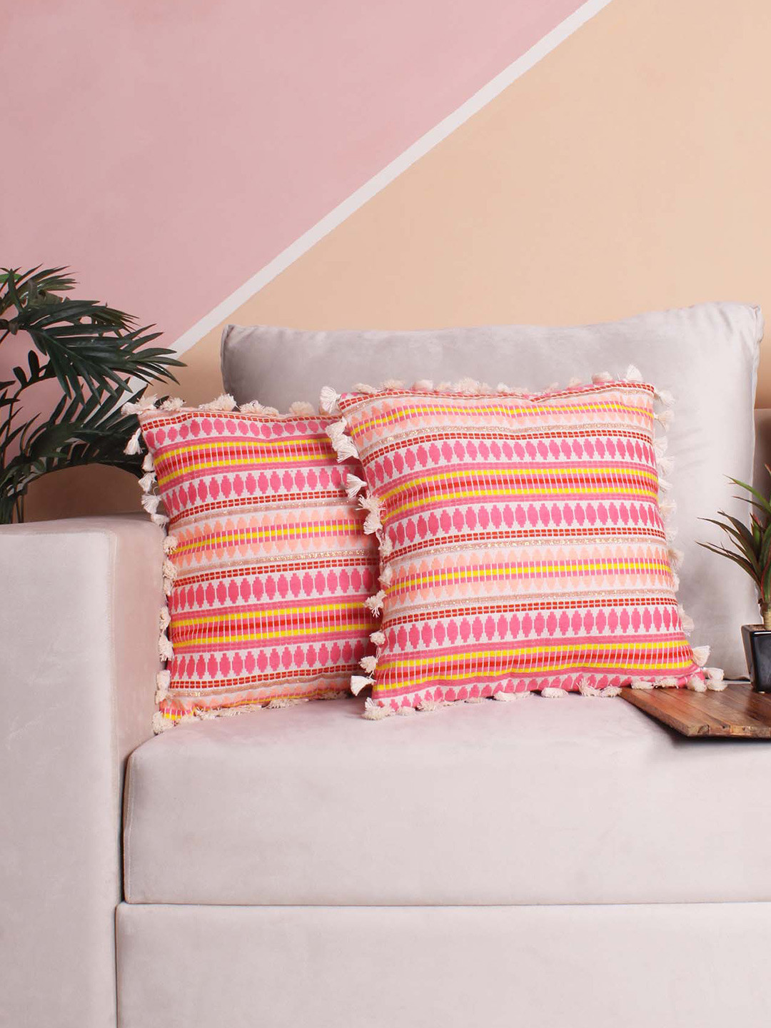 

STITCHNEST Fuchsia Pink & White 2 Pcs Embroidered Velvet Square Cushion Covers