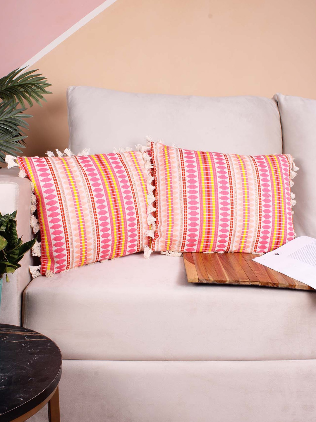 

STITCHNEST Fuchsia & White 2 Pieces Ethnic Motifs Woollen Rectangle Cushion Cover