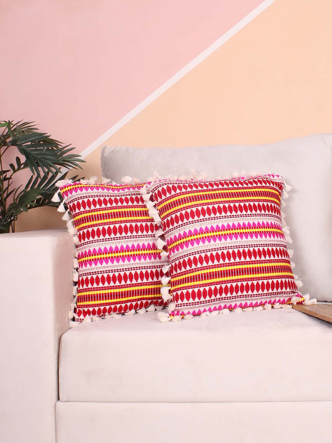 

STITCHNEST Red & White 2-Pieces Embroidered Woollen Square Cushion Covers