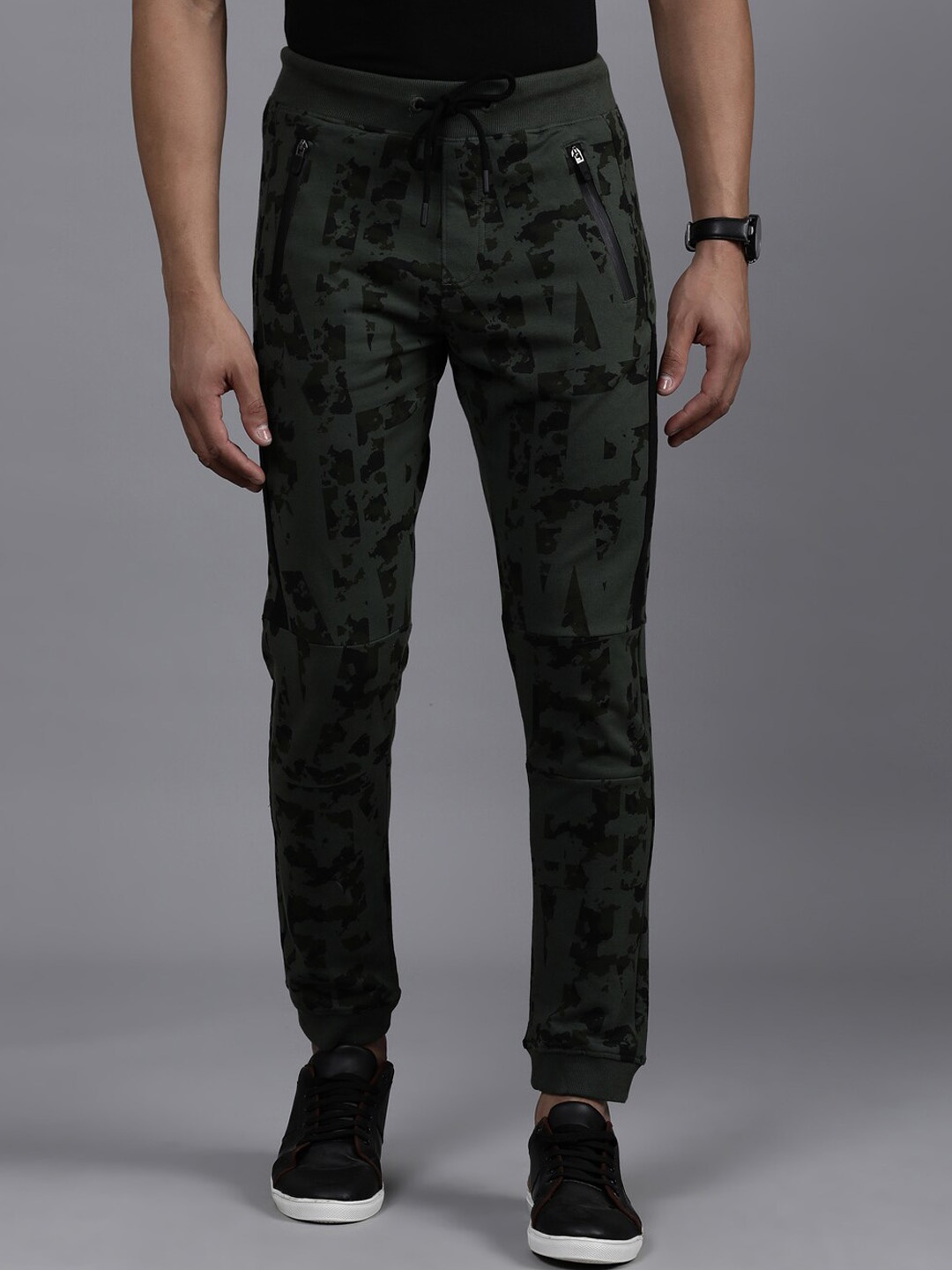 

WROGN Men Abstract Printed Cotton Mid-Rise Joggers, Olive