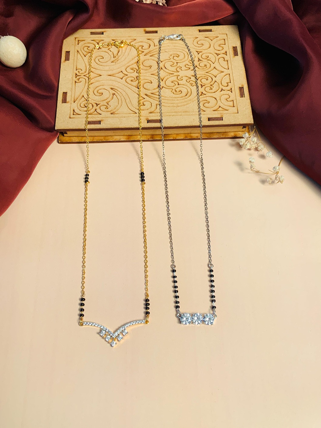 

ABDESIGNS Set Of 2 Gold-Plated American Diamond-Studded & Beaded Mangalsutra