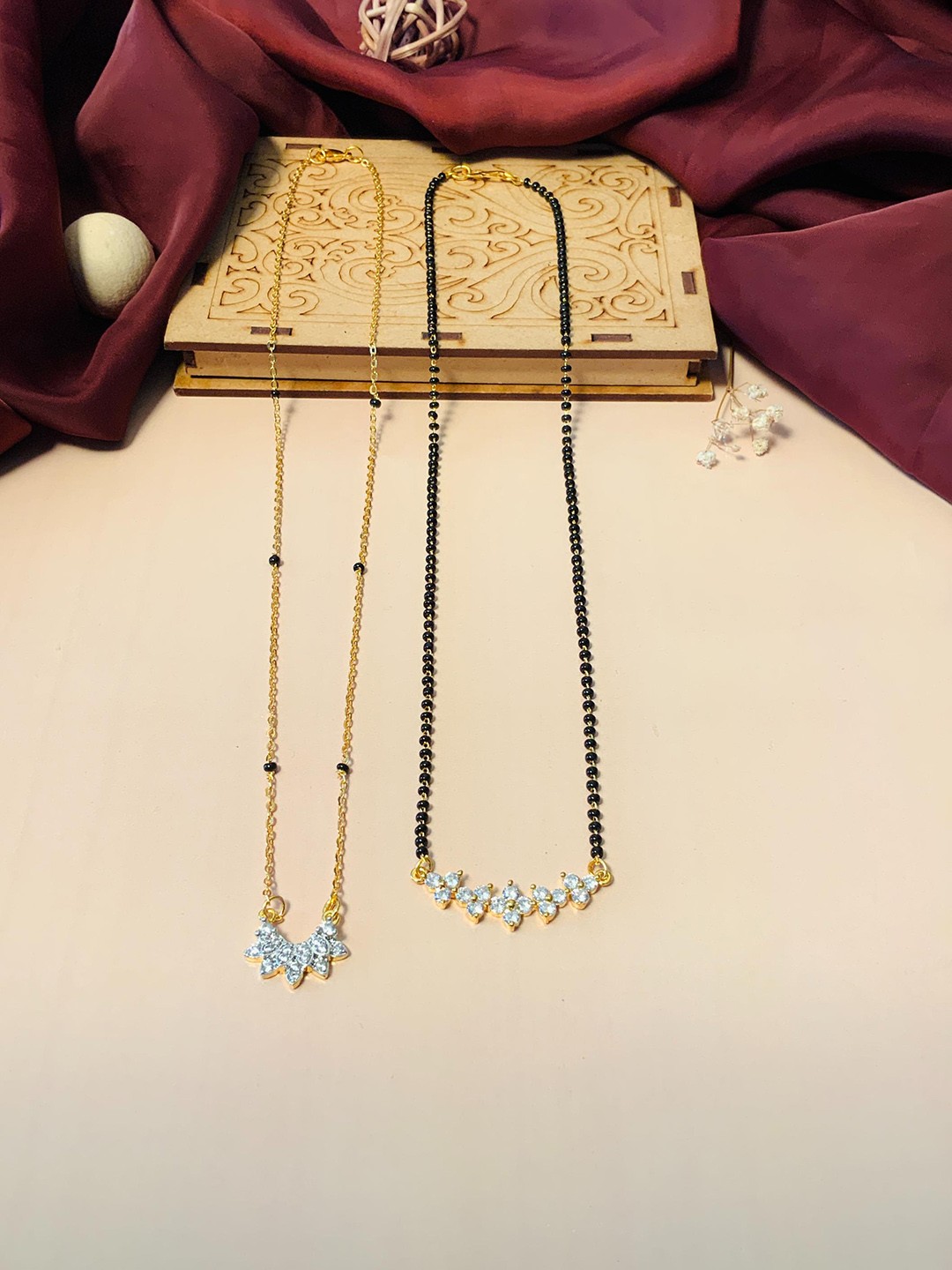 

ABDESIGNS Set Of 2 Gold-Plated American Diamond Studded & Beaded Mangalsutra