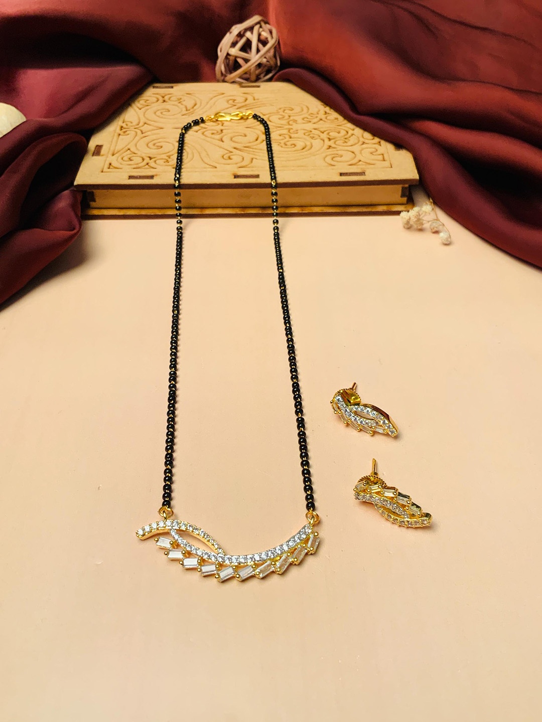 

ABDESIGNS Gold-Plated American Diamond-Studded & Beaded Mangalsutra With Earrings