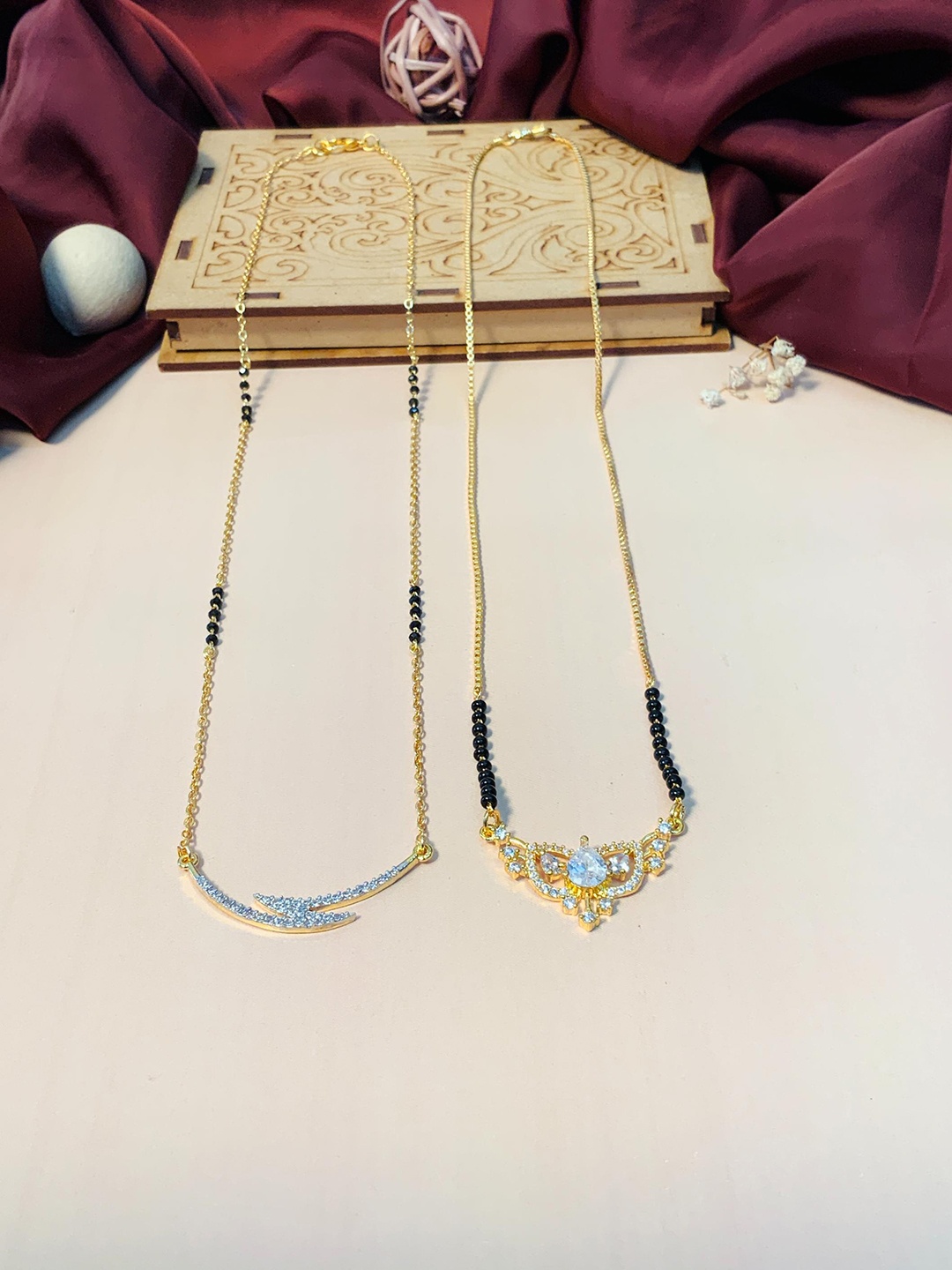 

ABDESIGNS Set Of 2 Gold-Plated American Diamond-Studded & Beaded Mangalsutra