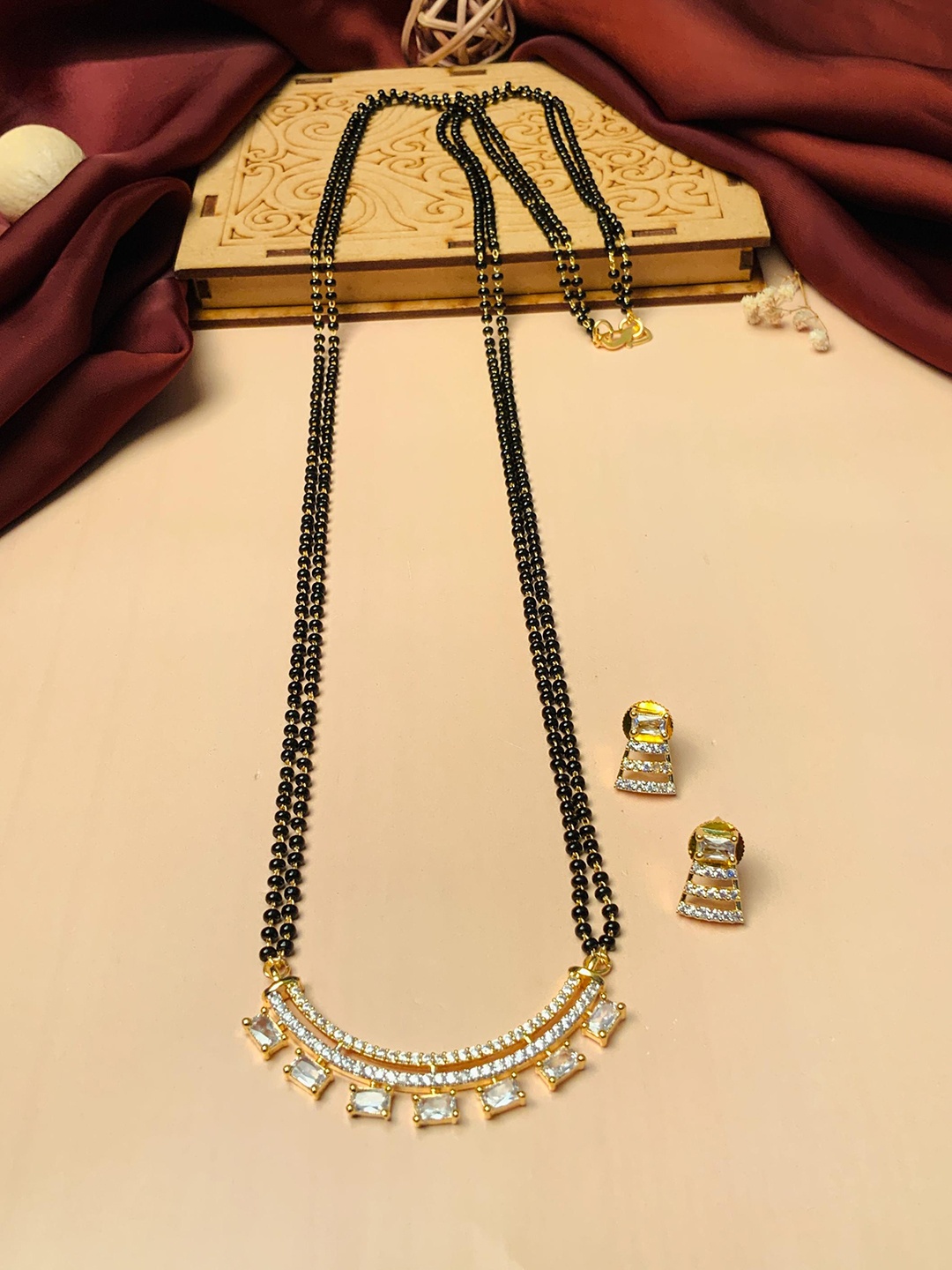 

ABDESIGNS Gold Plated Stone Studded & Beaded Mangalsutra With Earrings