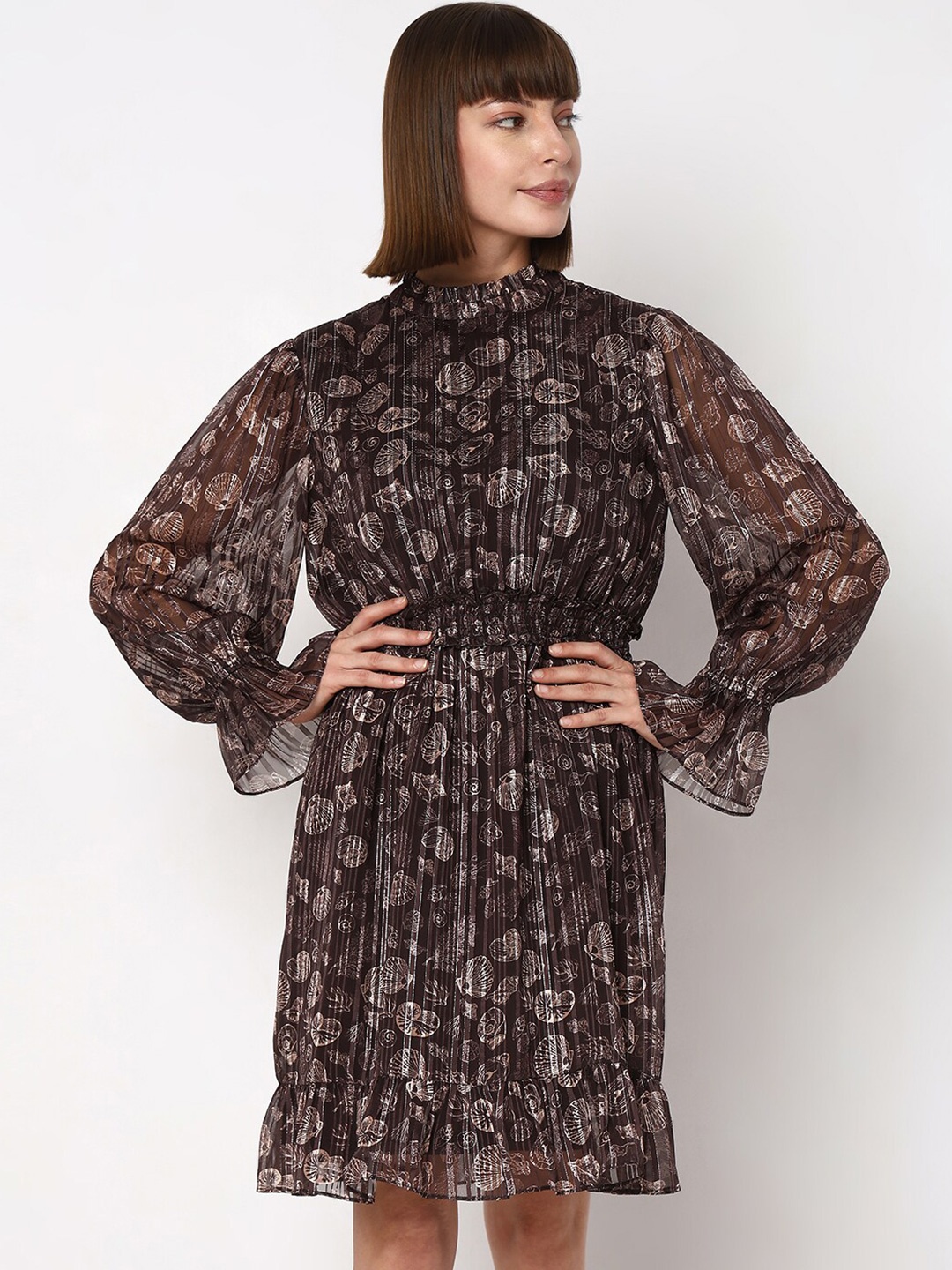 

Vero Moda Floral Printed Smocked A-Line Dress, Brown